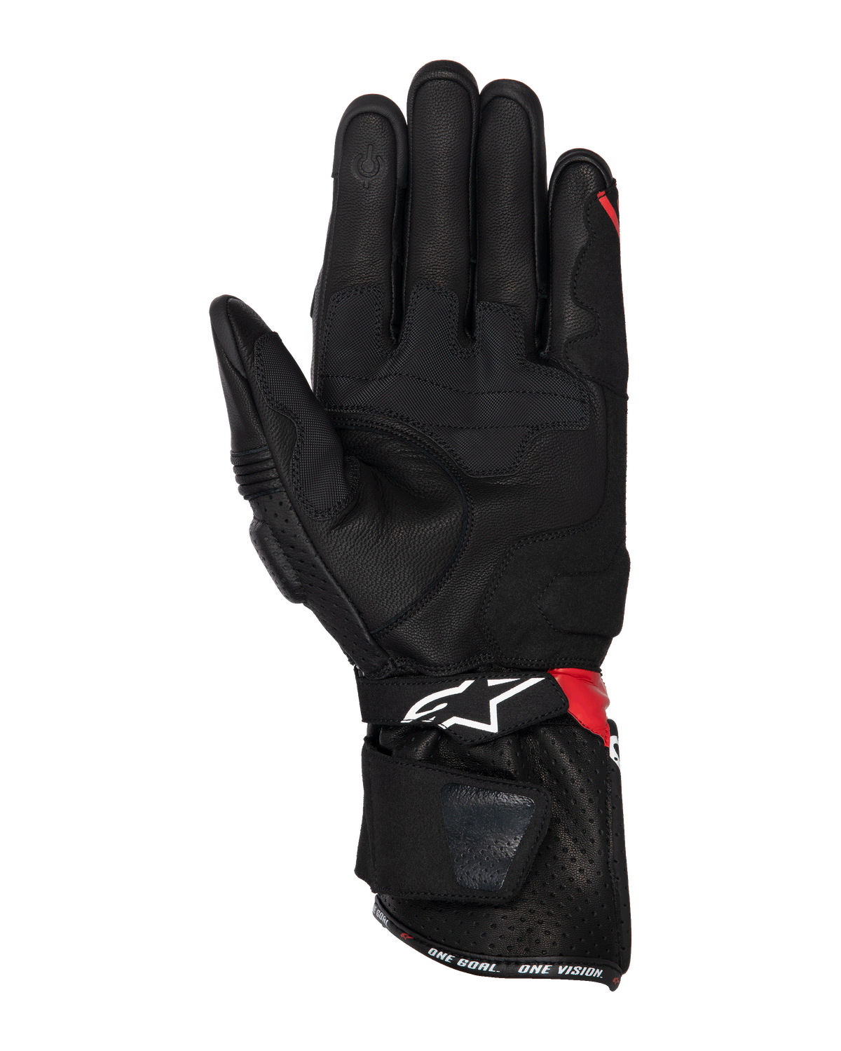 Alpinestars SP-3 Gloves, Motorcycle Gloves, Black Bright Red and White, palm view showing leather construction with grip reinforcements, touchscreen-compatible fingertip, long cuff with white logo and red accents, sport and racing design.