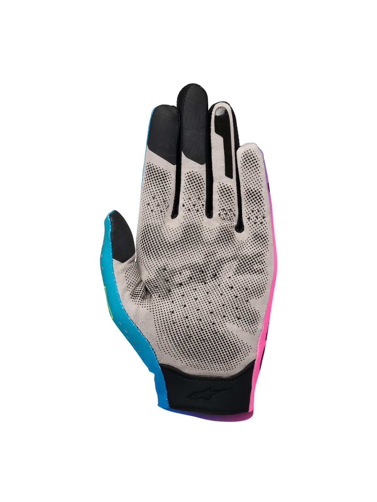 Alpinestars Sim Gloves Graphic 2, SIM-racinghandskar, rosa, cyan och svarta, vy av handflatan med grått Nanofront-tyg och svart 3D-greppmönster, pekskärmskompatibla fingertoppar, specialiserade för virtuell racingprestanda
