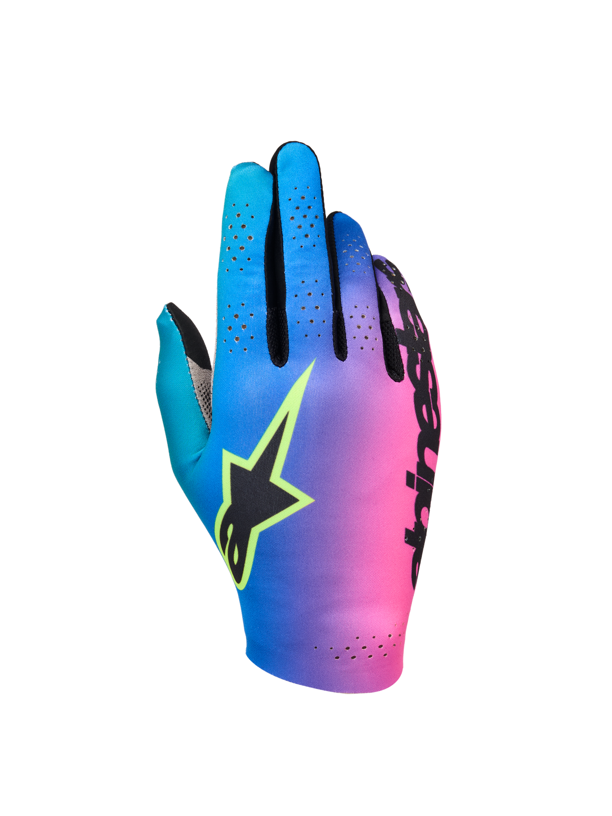 Alpinestars Sim Gloves Graphic 2, SIM Racing Gloves, Cyan Purple and Pink Gradient, Features Black Star Logo with Safety Yellow Outline, Perforated Backhand for Ventilation, Lightweight Performance Gaming Gear