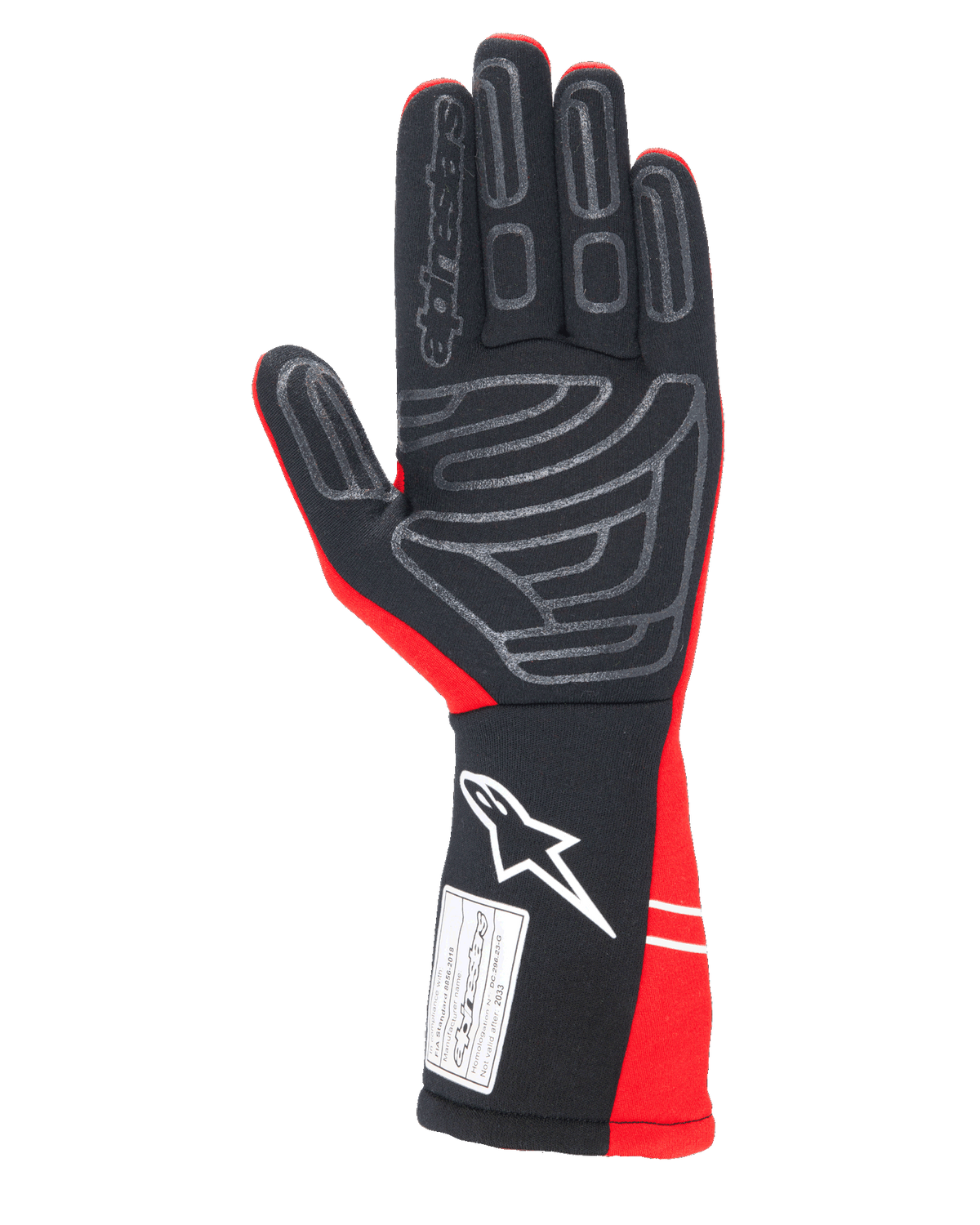 Alpinestars Tech-1 Start V4-handskar FIA, racinghandskar för bilsport, röda och svarta, vy av handflatan med grå silikongreppsmönster, vit Alpinestars-logotyp på den förlängda manschetten och FIA 8856-2018-certifieringsetikett