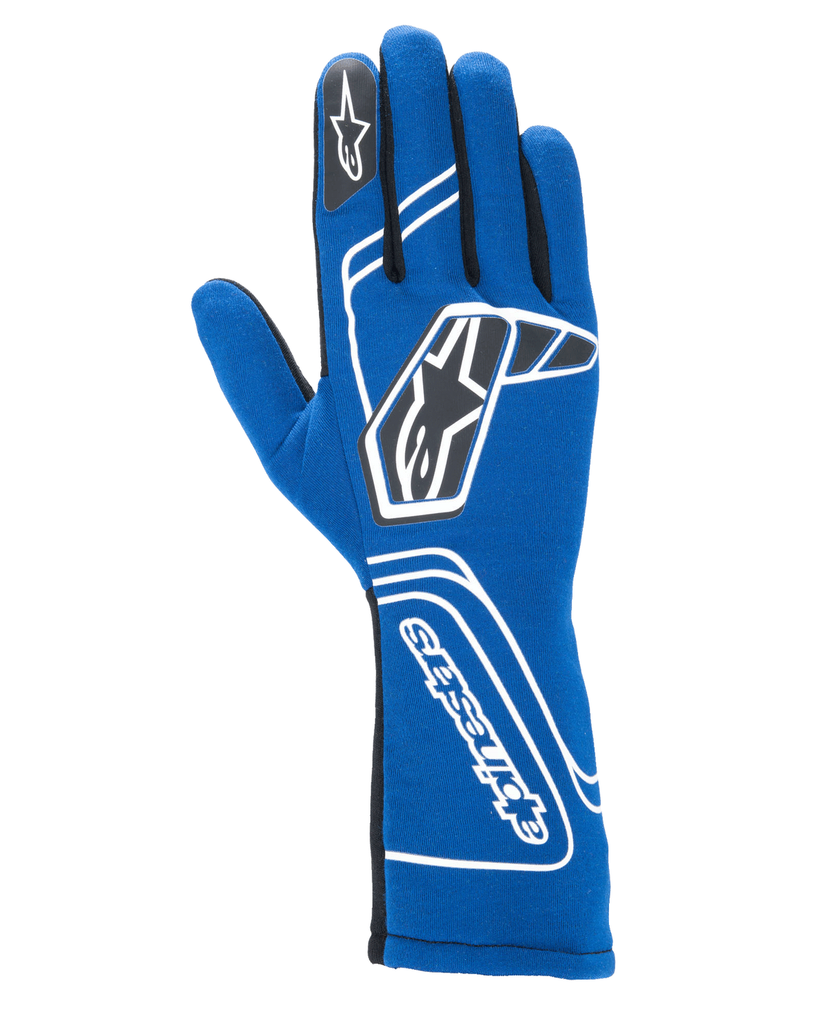 Alpinestars Tech-1 Start V4 Gloves FIA, Auto Racing Gloves, Royal Blue, featuring white geometric branding and black star logos, extended cuff with vertical Alpinestars text, sleek seamless construction for lightweight performance, FIA certified professional racing gear