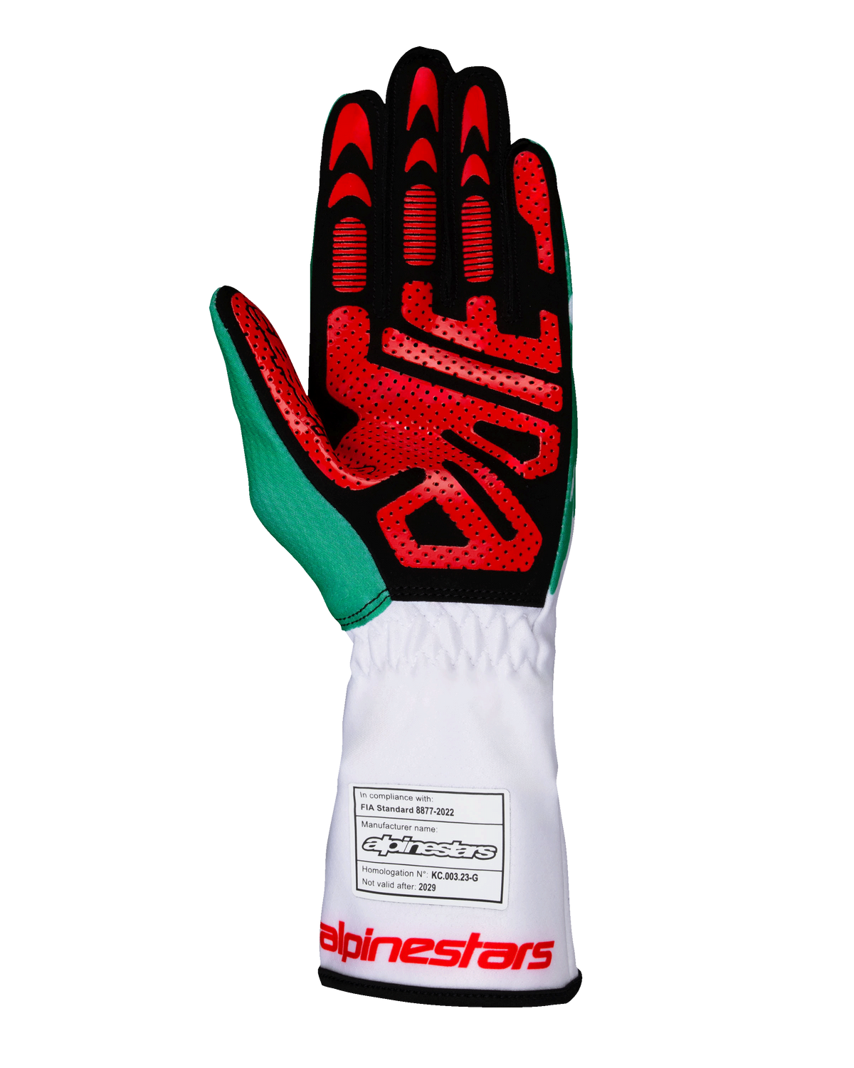 Alpinestars Tech-1 K V3-handskar, kartinghandskar, vit, grön och röd, vy av handflatan med svart syntetmocka och röda silikongreppsmönster, grön accent på tummen, vit lång manschett med FIA-homologeringsetikett och röd logotyp, professionell racingutrustning