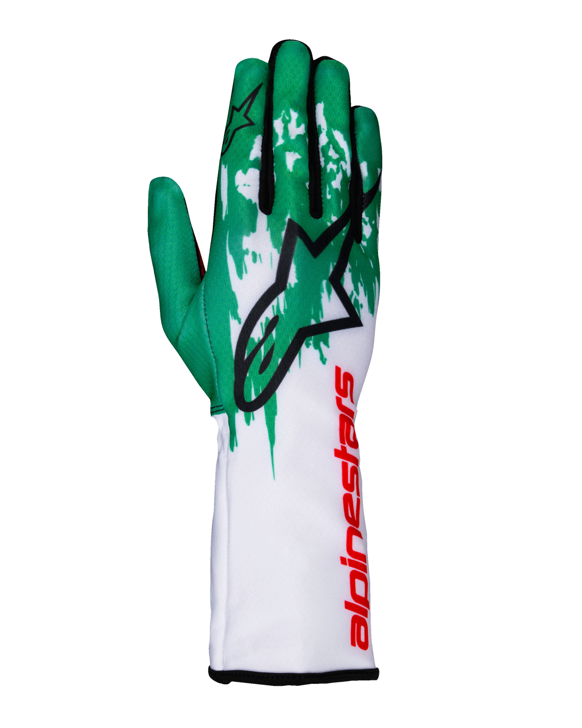 Alpinestars Tech-1 K V3 handskar, kartinghandskar, vit, grön och röd, stor svart stjärnlogo på handryggen, vertikal röd Alpinestars-logotyp på manschetten, grönt och vitt grafiskt mönster på fingrarna, tekniskt åtsittande design