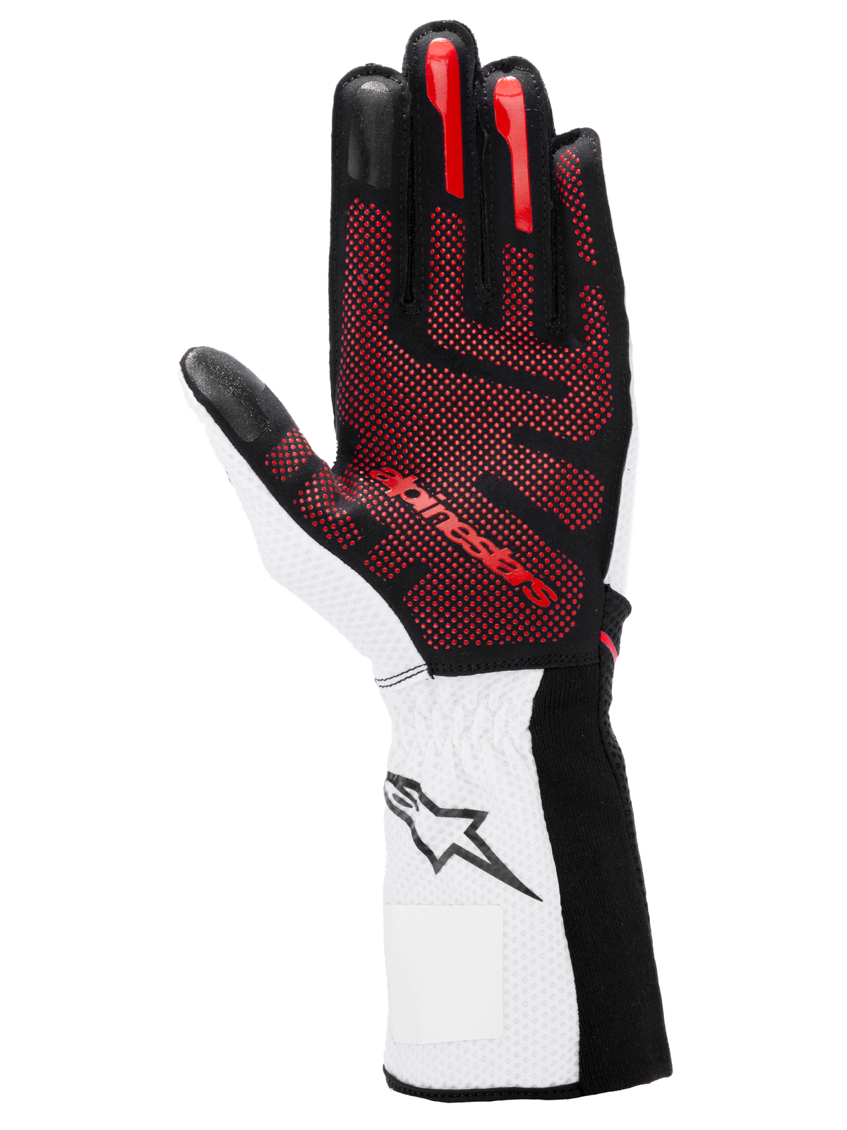 Alpinestars Tech-1 KX V4 handskar, kartinghandskar, svart, vit och röd, vy av handflatan med rött 3D-silikongreppmönster, vit handled med svart stjärnlogotyp, högpresterande motorsportdesign