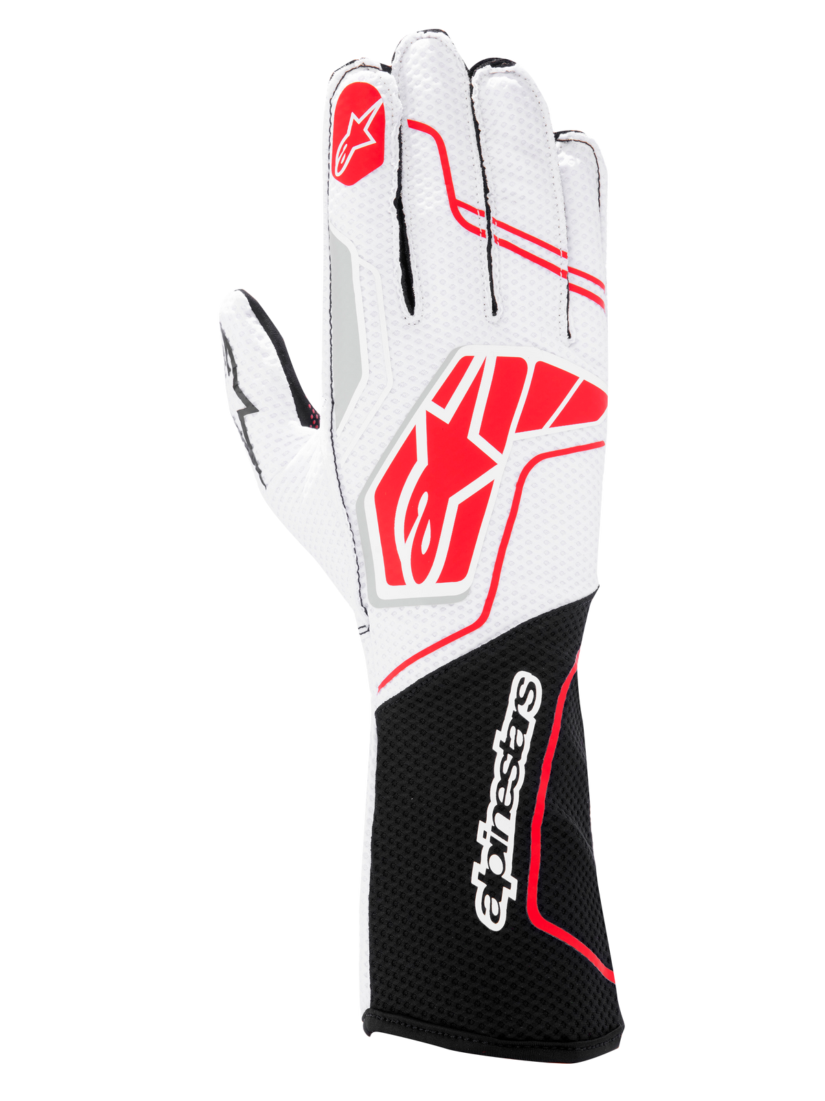 Alpinestars Tech-1 KX V4-handskar, kartinghandskar, svart vit röd, med en ventilerande vit ovandel i mesh med röda Alpinestars-logotyper och en svart handledsmanschett med vit logotyp