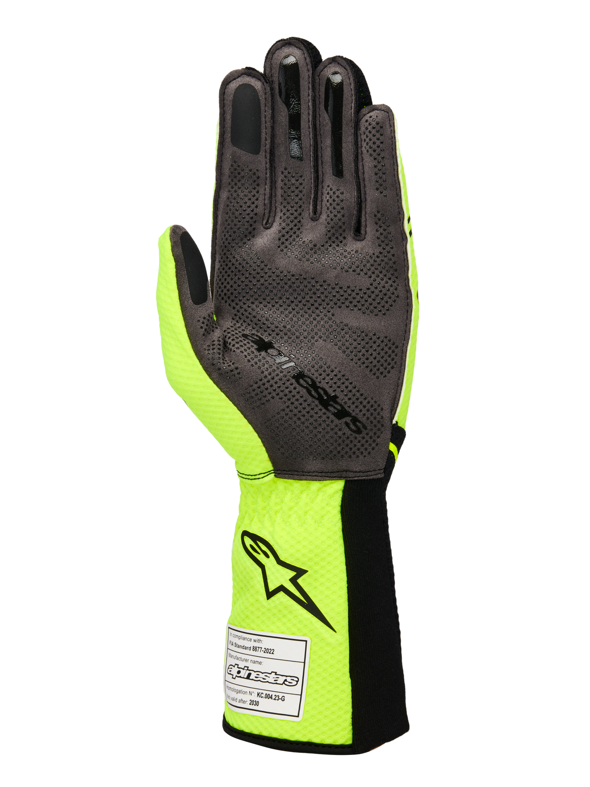 Alpinestars Tech-1 KX V4 Gloves, Karting Gloves, Yellow Fluo and Black, palm view featuring grey synthetic suede with 3D silicone grip pattern, FIA homologation tag on the ribbed cuff, performance racing design