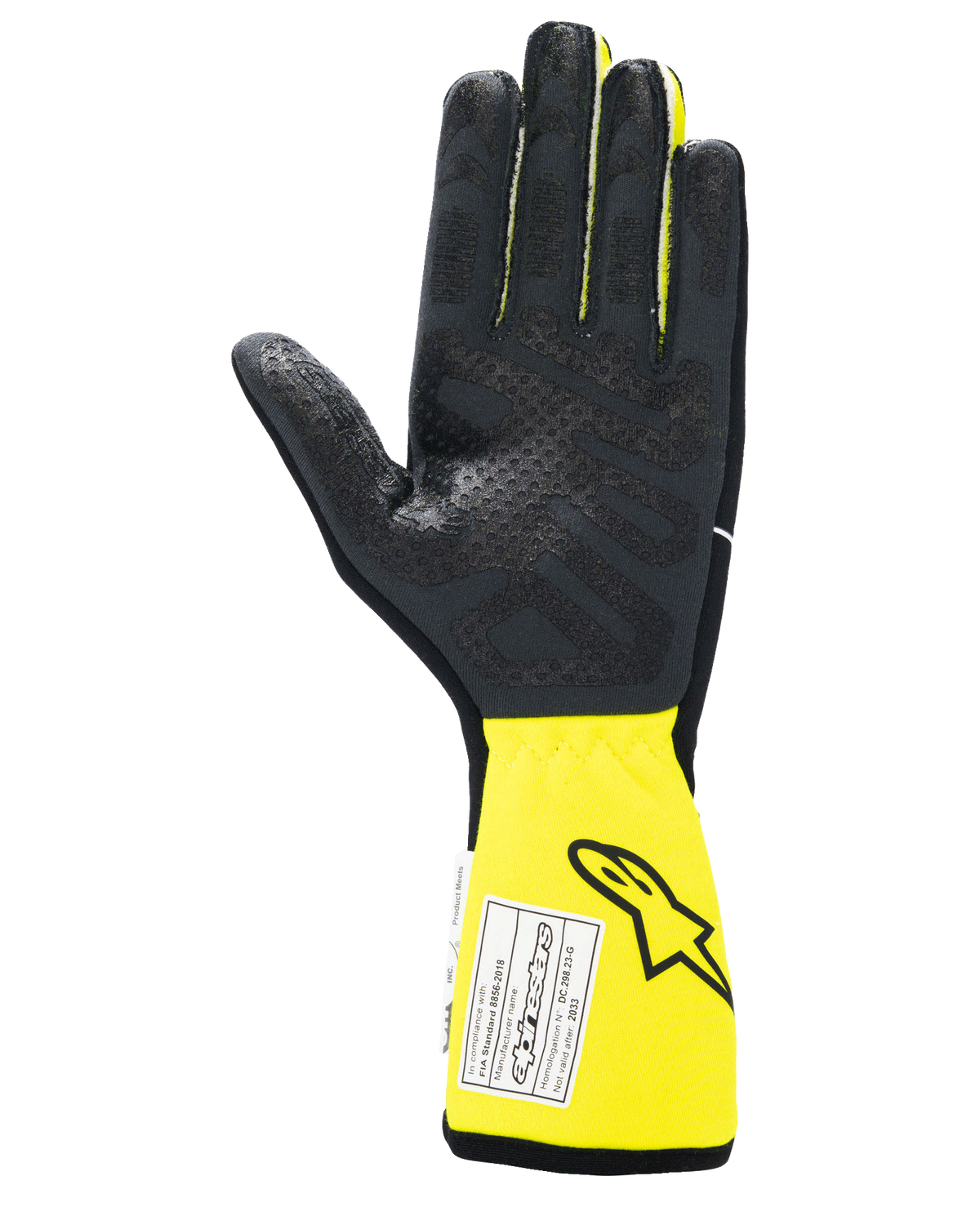 Alpinestars Tech-1 Race V4 handskar, racinghandskar, svarta och gul fluo, handflata med texturerat silikongrepp, förlängd gul mudd med FIA-certifieringsetikett, högpresterande motorsportutrustning