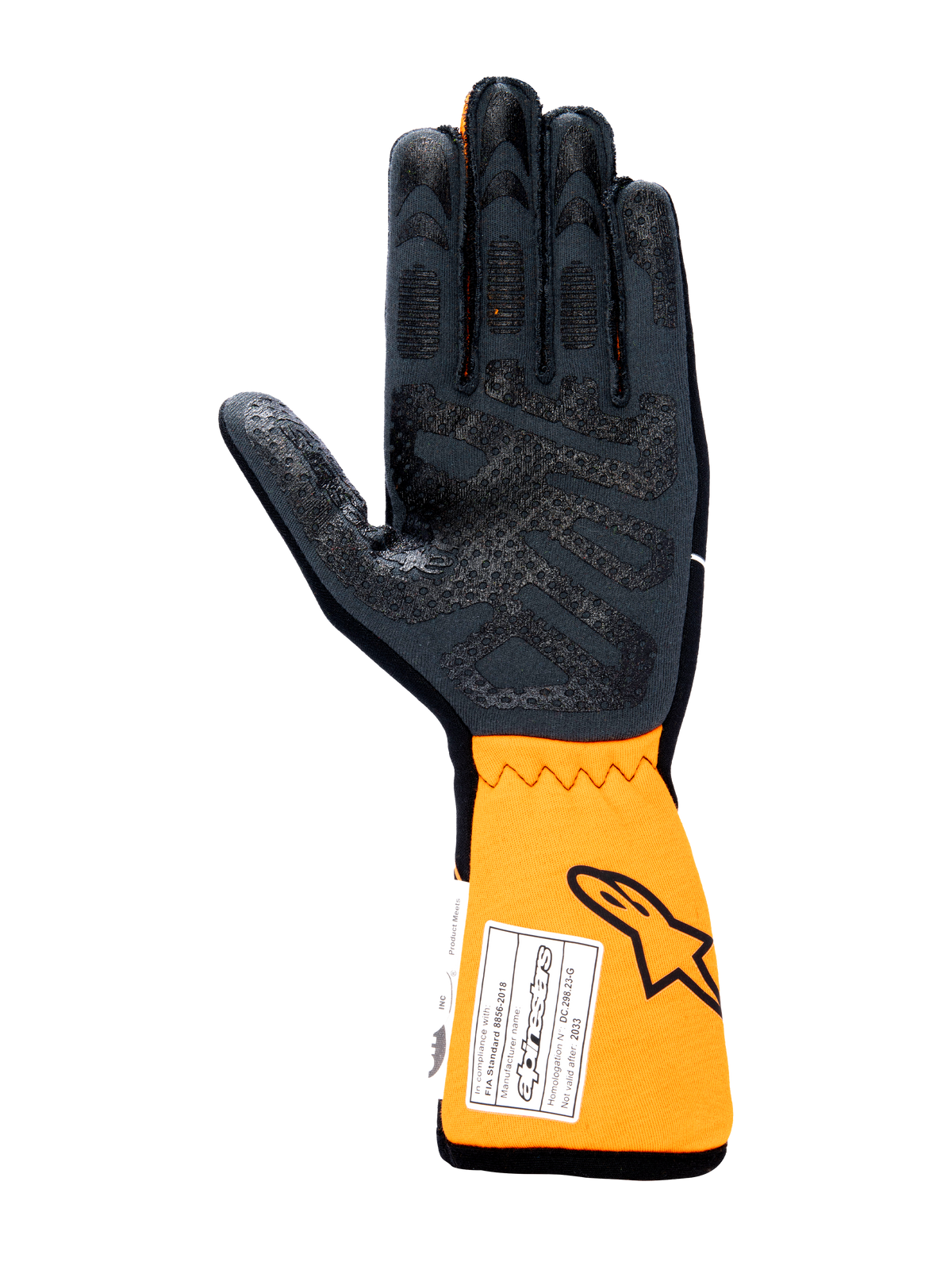Alpinestars Tech-1 Race V4 handskar, racinghandskar för bilsport, vy av handflatan i svart och orange fluo, med silikongreppsmönster på handflatan och fingrarna, förlängd orange manschett med FIA-homologeringsetikett och Astars-logotyp