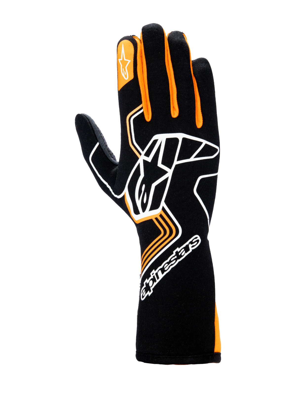Alpinestars Tech-1 Race V4-handskar, racinghandskar för motorsport, svarta och orange fluo, med en stor vit Astar-logotyp på handryggen, orangea detaljer på fingrarna och en lång manschett för professionellt skydd inom motorsport