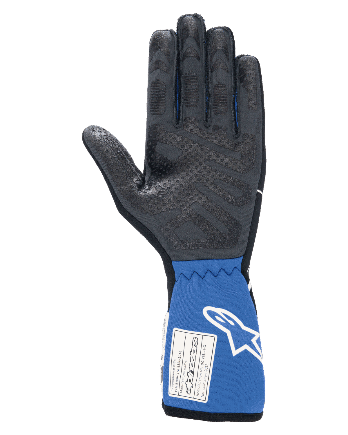 Alpinestars Tech-1 Race V4-handskar, svarta och blå, handflatevy som visar texturerat silikongreppsmönster, förlängd blå mudd med FIA-certifieringsetikett och vit Alpinestars-logotyp, professionell racingutrustning