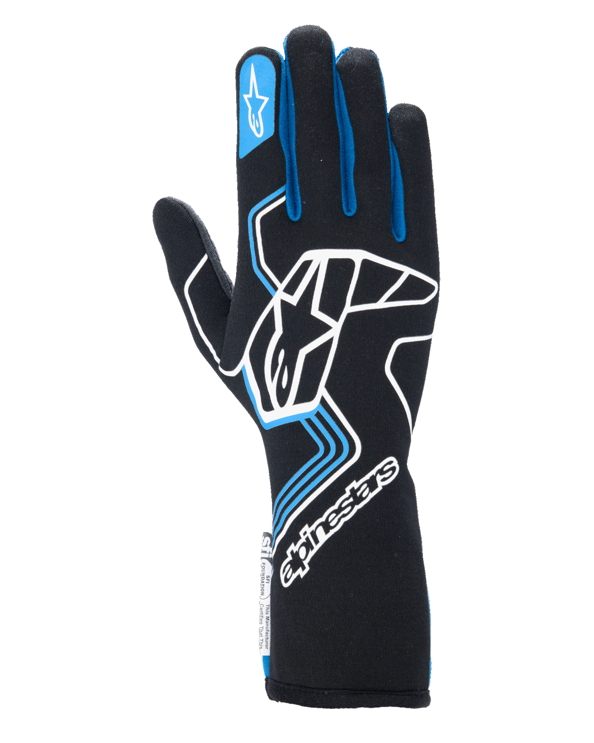 Alpinestars Tech-1 Race V4-handskar, racinghandskar för motorsport, svarta med blå och vita detaljer, med en stor vit logotyp på handryggen, blå passpoaler på fingrarna och förlängd krage, professionell flamsäker design för motorsport