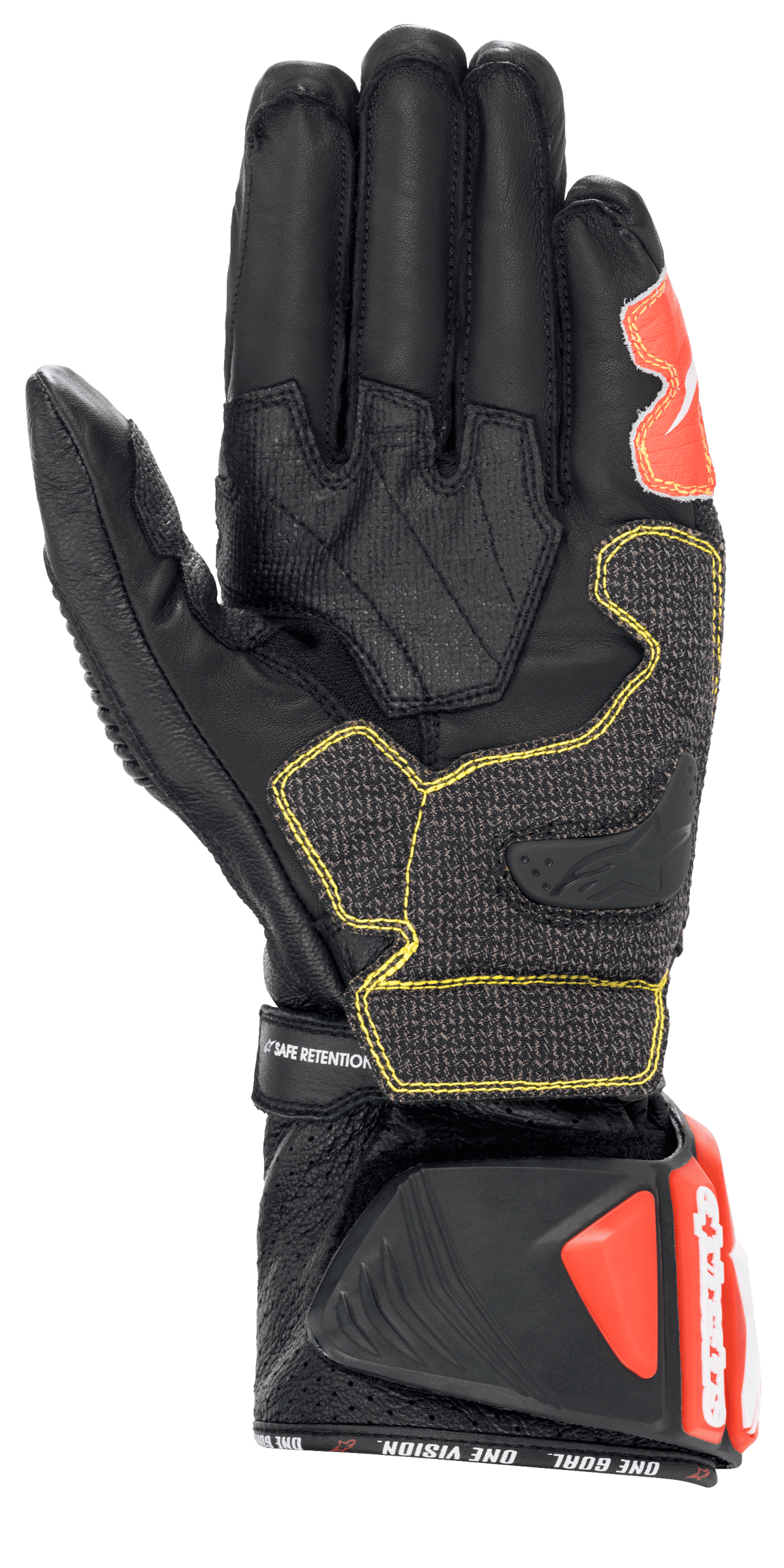 Alpinestars GP Tech V2-handskar, Svart Vit och Röd Fluo, vy av handflatan som visar svart läderkonstruktion med gula kontrastsömmar, skyddande DFS-manschett med röda detaljer, professionell racingutrustning för motorcykel