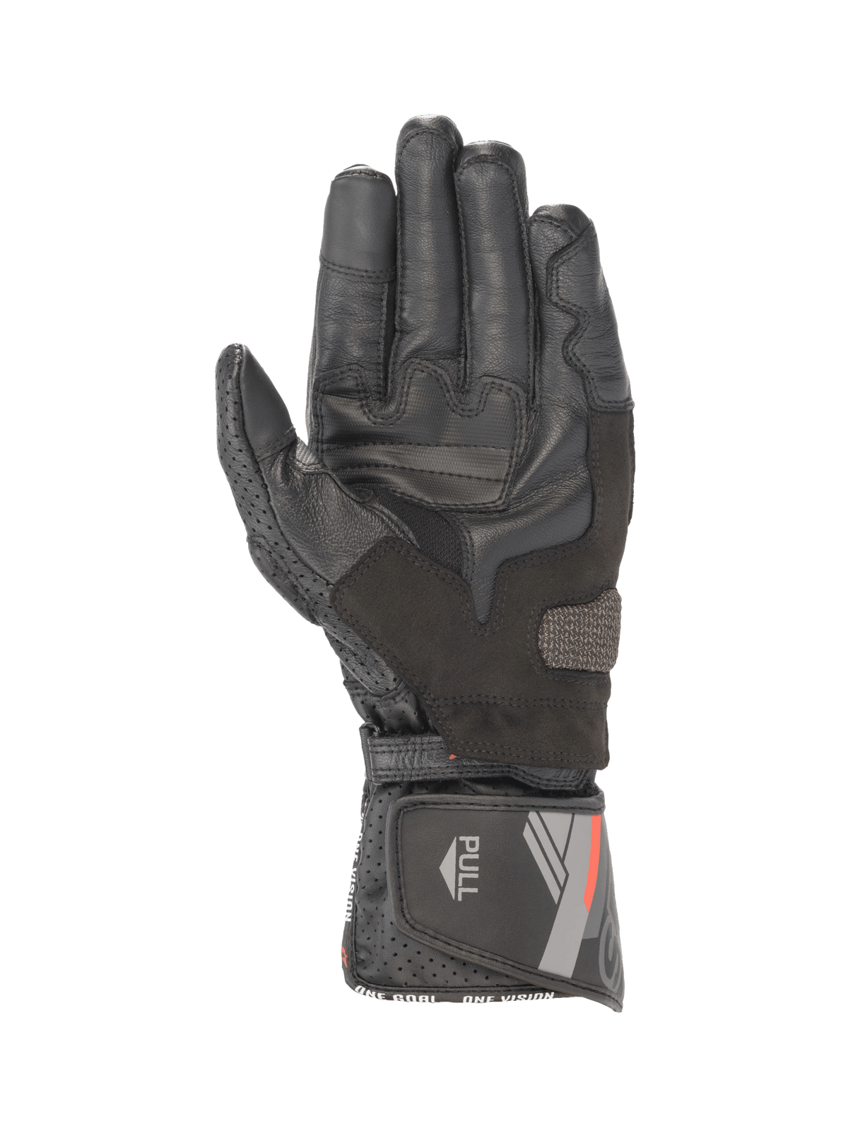 Alpinestars SP-8 V3 handskar, svarta motorcykelhandskar i läder för herrar, vy av handflata med greppförstärkningar och säker kardborrestängning vid manschetten