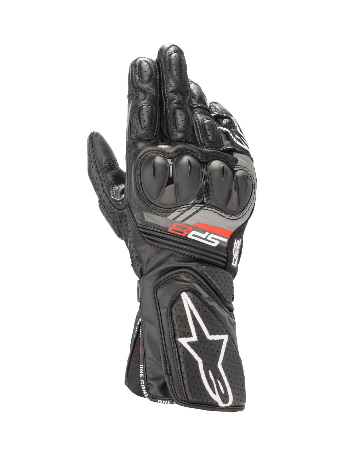 Alpinestars SP-8 V3 handskar, svarta motorcykelracinghandskar i getskinn med SP-knogskydd med dubbel densitet.