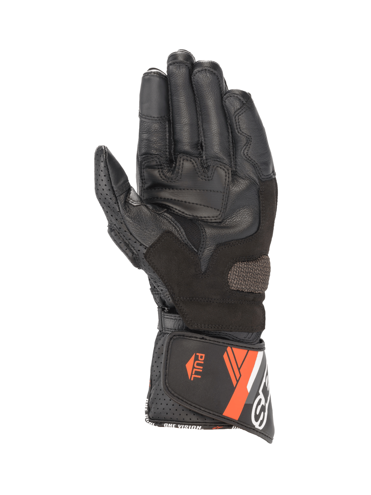 Alpinestars SP-8 V3 handskar, motorcykelhandskar för herr i läder, svarta och röd fluo, vy av handflatan med greppinsatser och säker manschettstängning.
