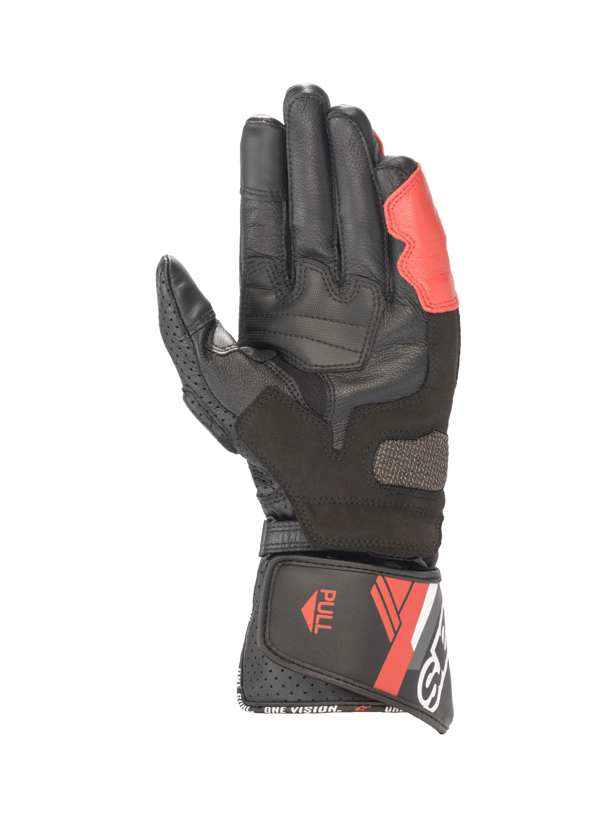 Alpinestars SP-8 V3 handskar, motorcykelracinghandskar för herr, svart och ljusrött läder med handflatsförstärkningar.