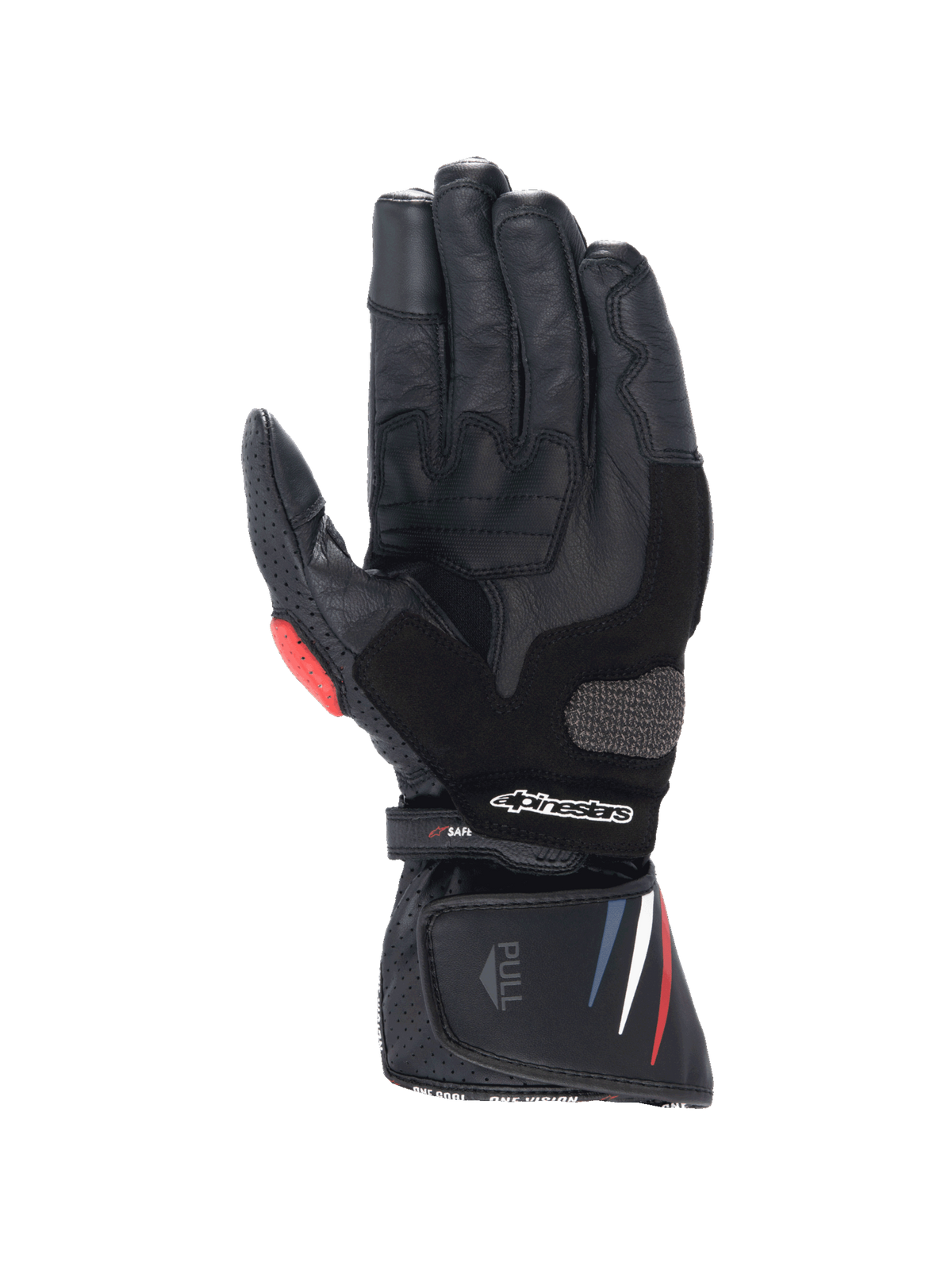Alpinestars Honda SP-8 V3 handskar, svarta motorcykelhandskar i läder med röda och blå detaljer och förstärkt handflata.
