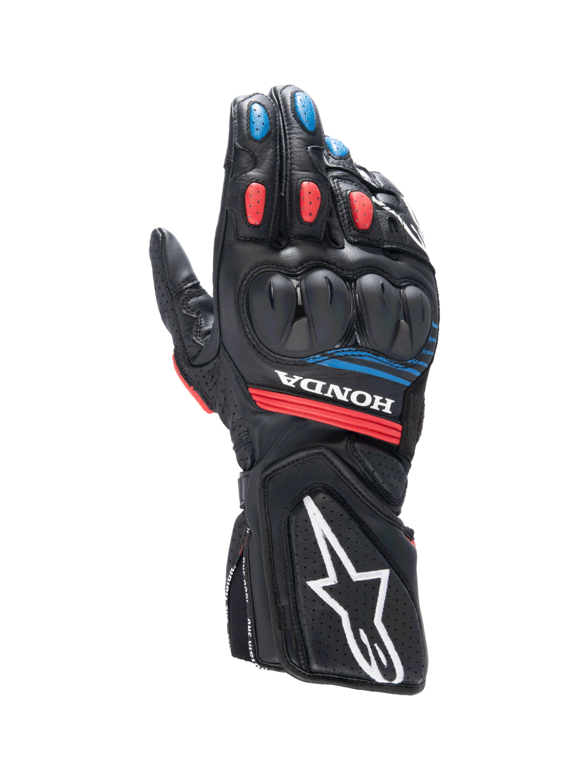 Alpinestars Honda SP-8 V3 handskar, svarta motorcykelhandskar med röda och blå detaljer, knogskydd och sportig design.