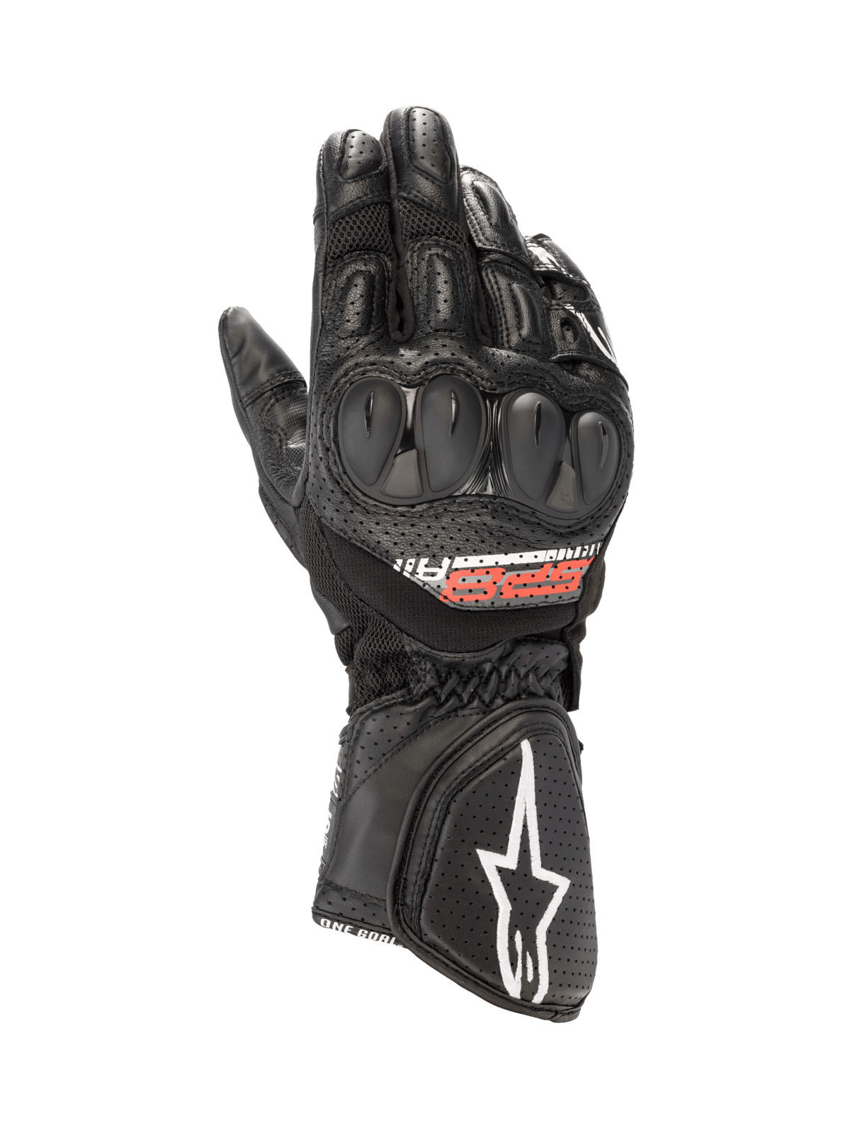 Alpinestars SP-8 V3 Air handskar, svarta motorcykelhandskar för racing i perforerat läder och mesh, knogskydd med dubbel densitet