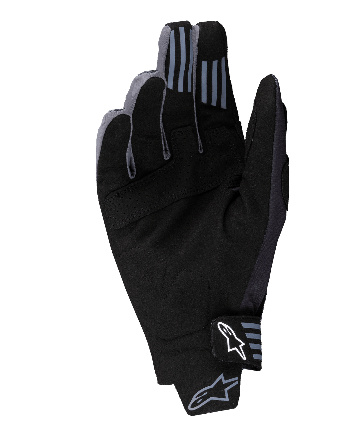 Alpinestars 2025 Techstar-handskar, motocrosshandskar, svarta, vy av handflatan som visar syntetisk mocka med perforerade detaljer, silikongrepp på fingertopparna och vit Alpinestars-logotyp på handledsstängningen.