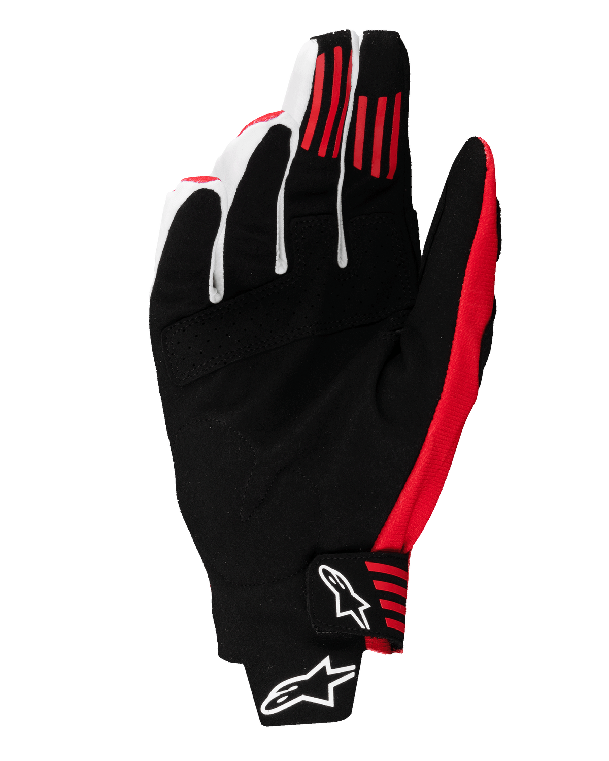 Alpinestars 2025 Techstar-handskar, motocrosshandskar, svarta och klarröda, vy av handflatan som visar konstruktion i syntetisk mocka, röda silikongreppränder på fingrarna, formgjuten handledsstängning med vita Alpinestars-logotyper