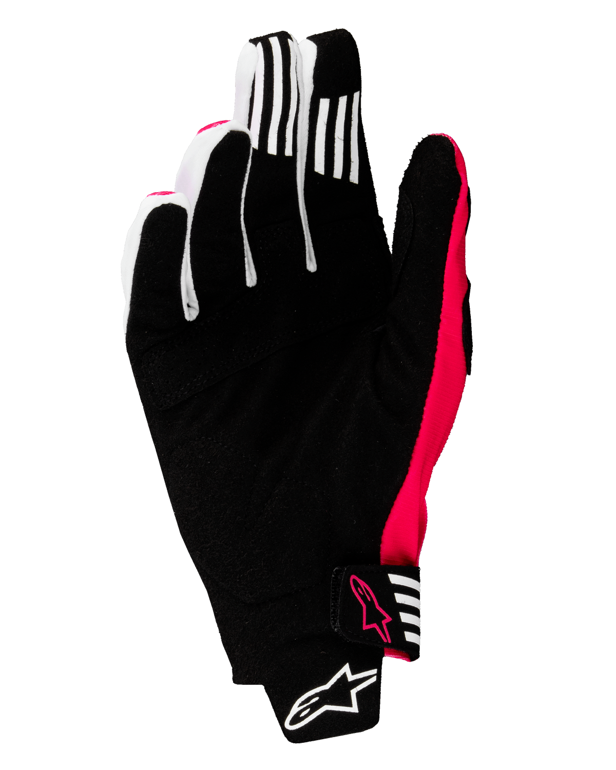 Alpinestars 2025 Techstar-handskar, motocrosshandskar, svarta och rosa fluo, vy av handflatan med förstärkt syntetmocka, vita greppränder på fingrarna, rosa fluo-detaljer och logotyper, sömlös handledsstängning med Alpinestars-logotyp