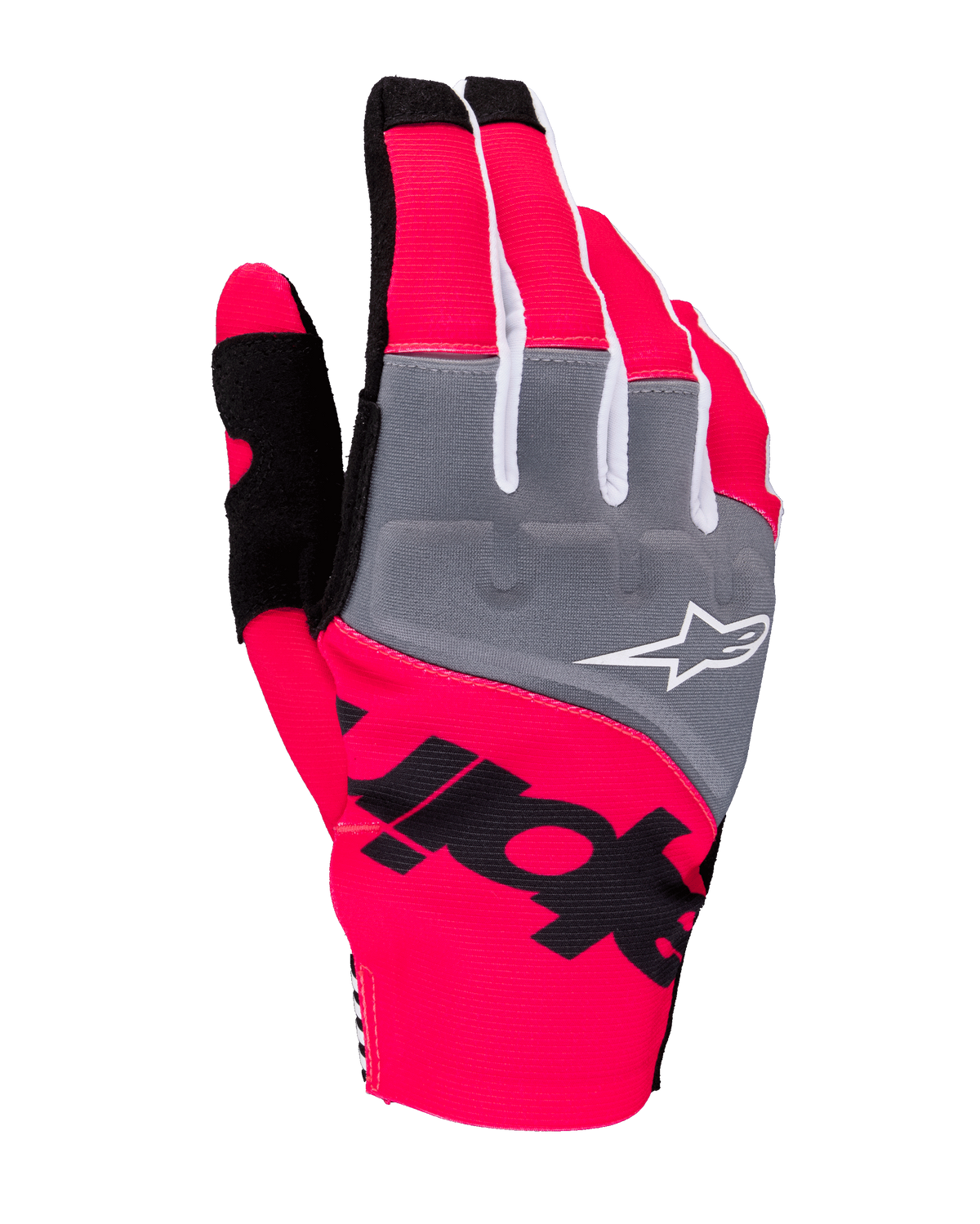 Alpinestars 2025 Techstar-handskar, motocrosshandskar, neonrosa, grå och svarta, med grå knogpaneler och vit logotyp, tydlig svart logotyp på neonrosa stretchtyg, lätt design med vita accenter för off-road-prestanda