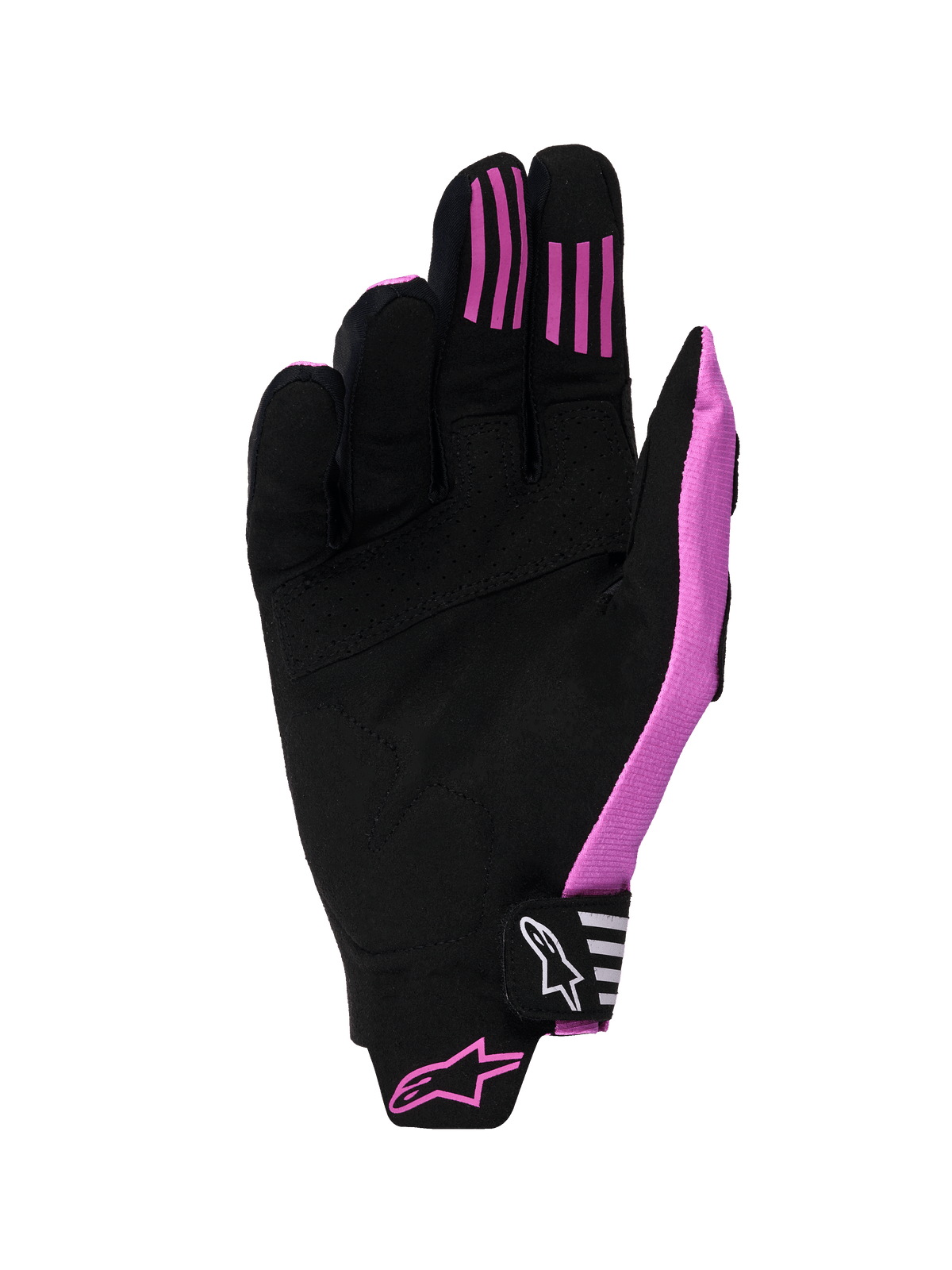 Alpinestars 2026 Techstar-handskar, motocrosshandskar, svarta och lila, vy av handflatan med konstruktion i syntetisk mocka, silikongrepp på fingrarna och ett formgjutet kardborreband med logotyp.