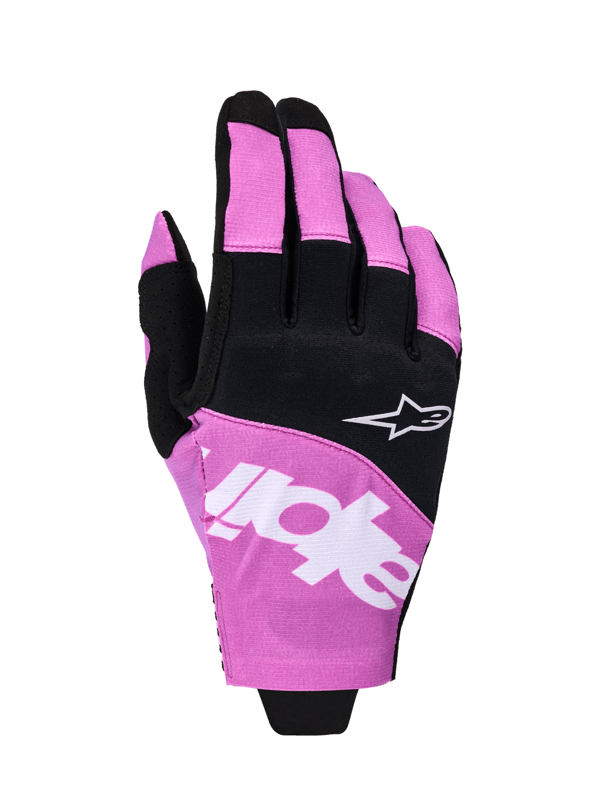 Alpinestars 2026 Techstar-handskar, motocrosshandskar, svarta och lila, vy över handryggen med vit Astar-logotyp och varumärkestryck, konstruktion i stretchig mikroripstop, högpresterande handskydd för terrängkörning