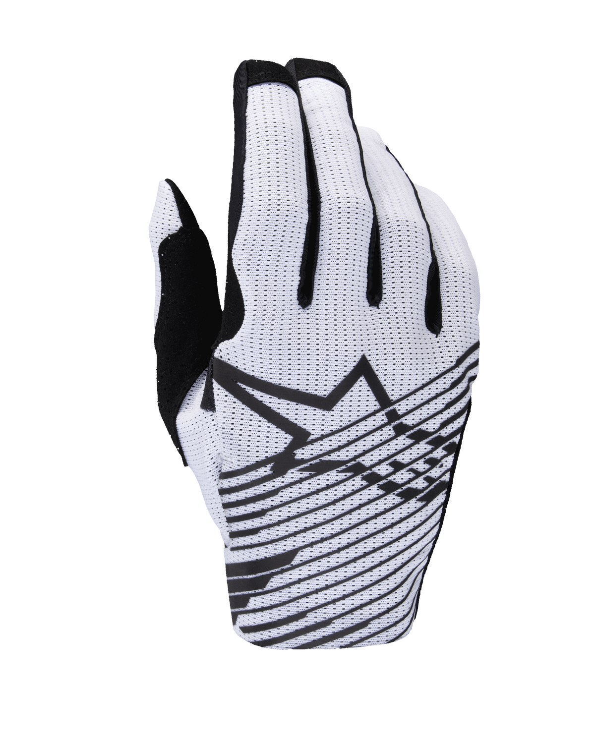 Alpinestars 2025 Radar Pro-handskar, motocrosshandskar, vita och svarta, vy över handryggen med perforerad mesh-konstruktion, svart Alpinestars stjärnlogotyp med horisontella grafiska linjer och svarta detaljer på fingrarna