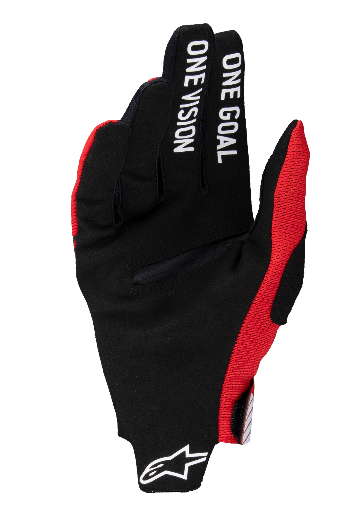 Alpinestars 2025 Radar Pro-handskar, motocrosshandskar, klarröda, svart handflata i syntetmocka med texten "ONE GOAL ONE VISION" på fingrarna, röda mesh-detaljer, vit Astars-logotyp på mudden, minimalistisk design för maximal kontroll
