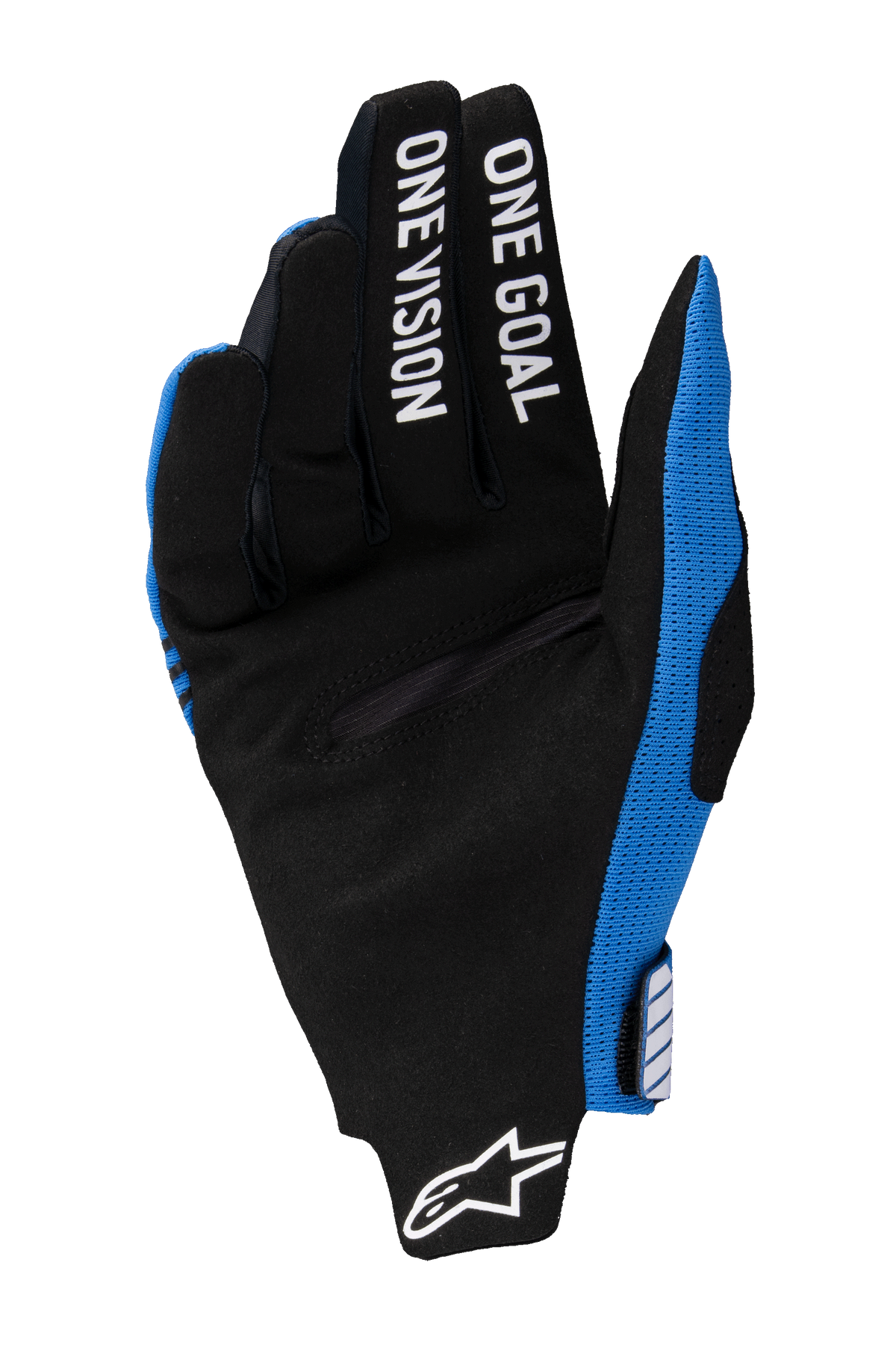 Alpinestars 2025 Radar Pro-handskar, motocrosshandskar, blå och svarta, vy av handflatan i svart syntetmocka, vit "ONE GOAL ONE VISION" tryckt på fingrarna, vit Alpinestars-logotyp vid handleden, lättviktsdesign för off-road racing