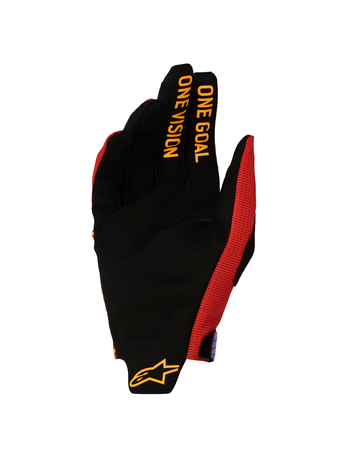 Alpinestars Radar Pro handskar 2027, motocrosshandskar för herr, röda och svarta, handflata i syntetisk mocka med One Goal One Vision-grafik på fingrarna.