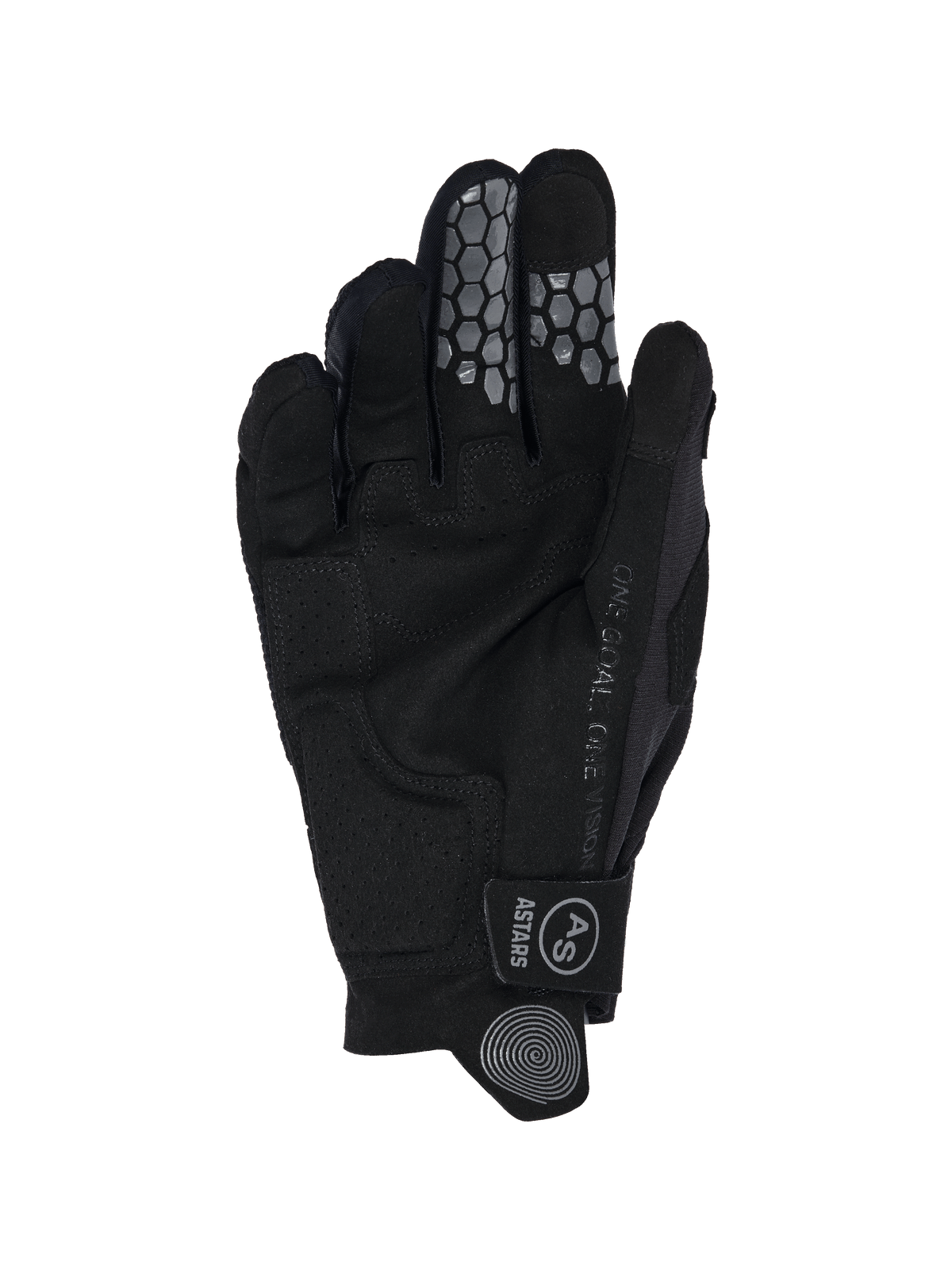 Alpinestars 2026 Radar Pro handskar, motocrosshandskar, svarta, vy av handflatan som visar konstruktion i syntetisk mocka, grått honeycomb-mönstrat silikongrepp på pek- och långfingret, "One Goal. One Vision."-text längs sidan och kardborrestängning med AS-logotyp.