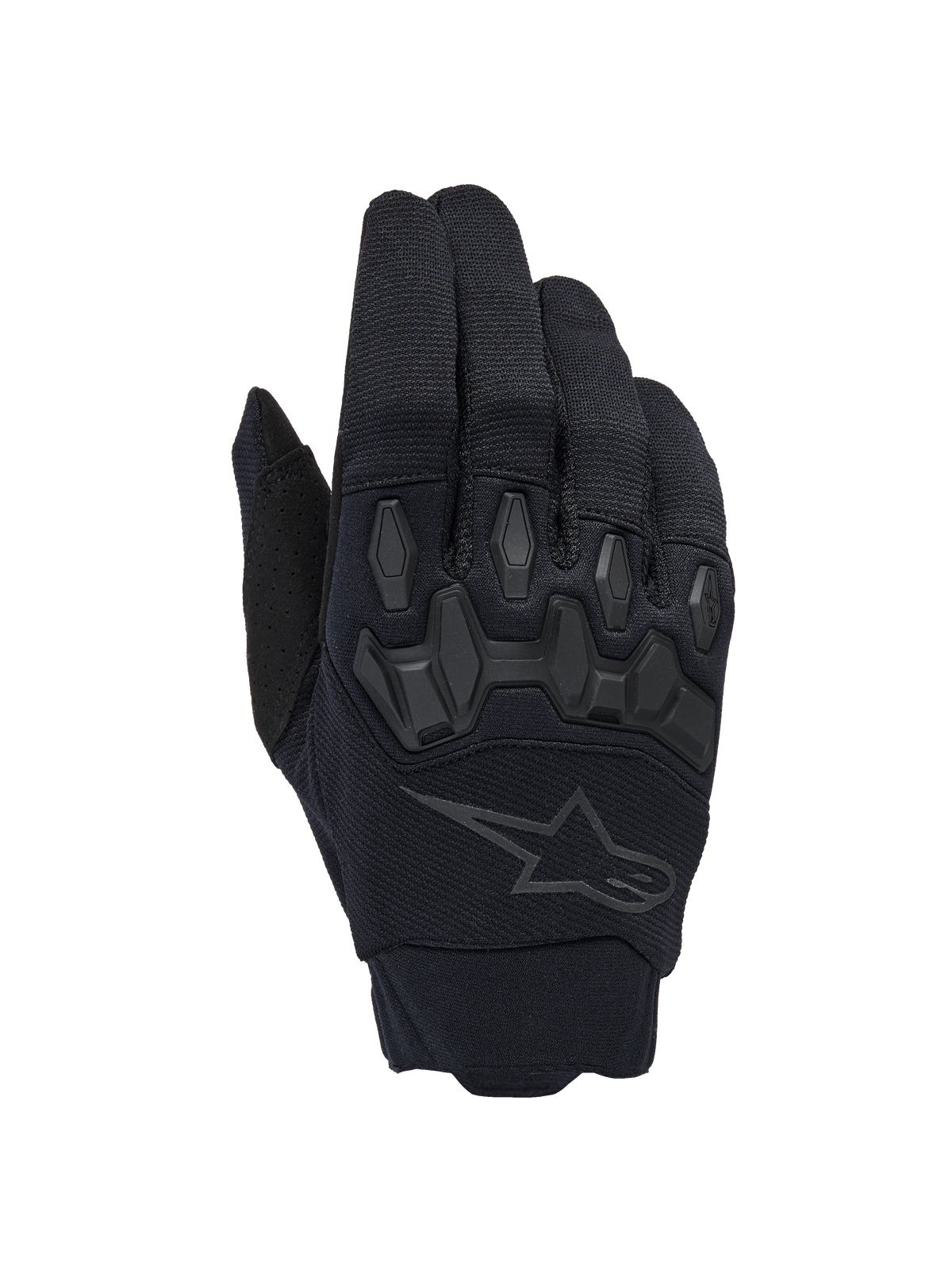 Alpinestars Full Bore V2 handskar, svarta motocrosshandskar, med ergonomiska TPR-knogskydd och andningsbart stretchmaterial, diskret svart stjärnlogotyp på handryggen, högpresterande off-road-utrustning
