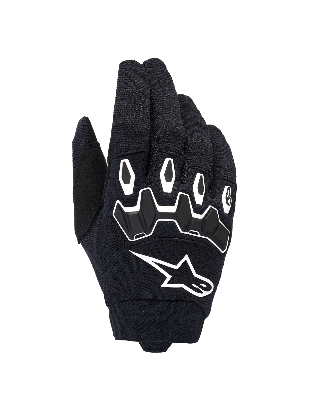 Alpinestars Full Bore V2 handskar, motocrosshandskar, svarta och vita, vy av handryggen som visar ergonomiskt TPR-knogskydd med hexagonala former, vit Alpinestars-logotyp, konstruktion i stretchtextil med andningsförmåga, hållbar racingutrustning för terrängkörning