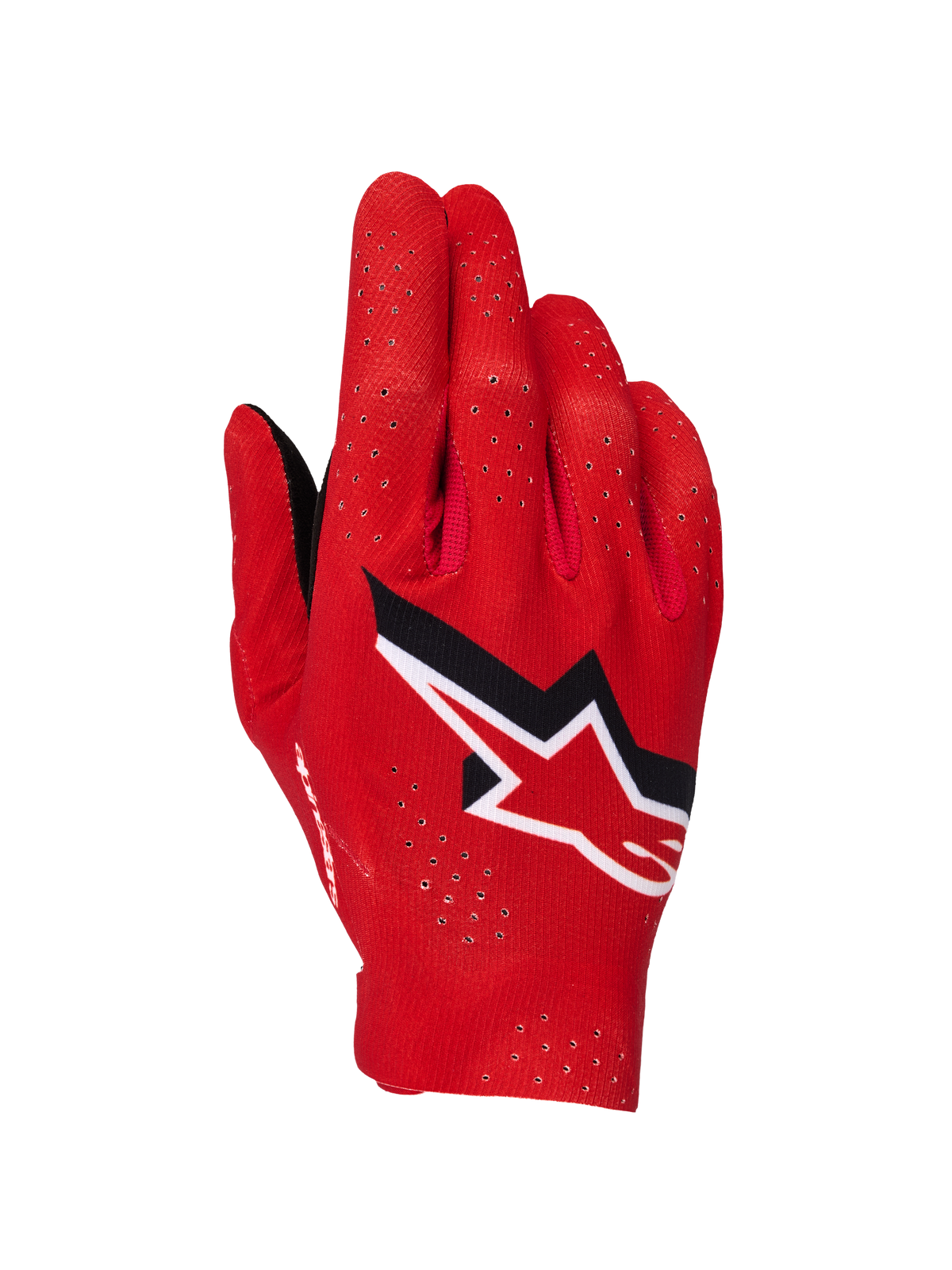 Alpinestars Supertech MX Handskar, motocrosshandskar, Fire Red, svart och vit, baksidesvy som visar laserperforeringar för ventilation, framträdande vit och svart Alpinestars stjärnlogotyp, lättviktsdesign i stretchtyg för terrängkörning