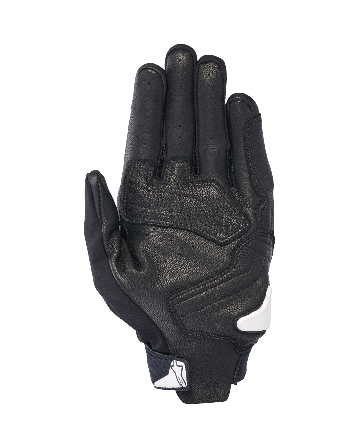 Alpinestars SP X 7 Handskar, vy över handflatan, svarta med vita detaljer, korta motorcykelhandskar med perforerat läder, förstärkta läderöverlägg i handflatan och vit Alpinestars-logotyp vid handledsstängningen