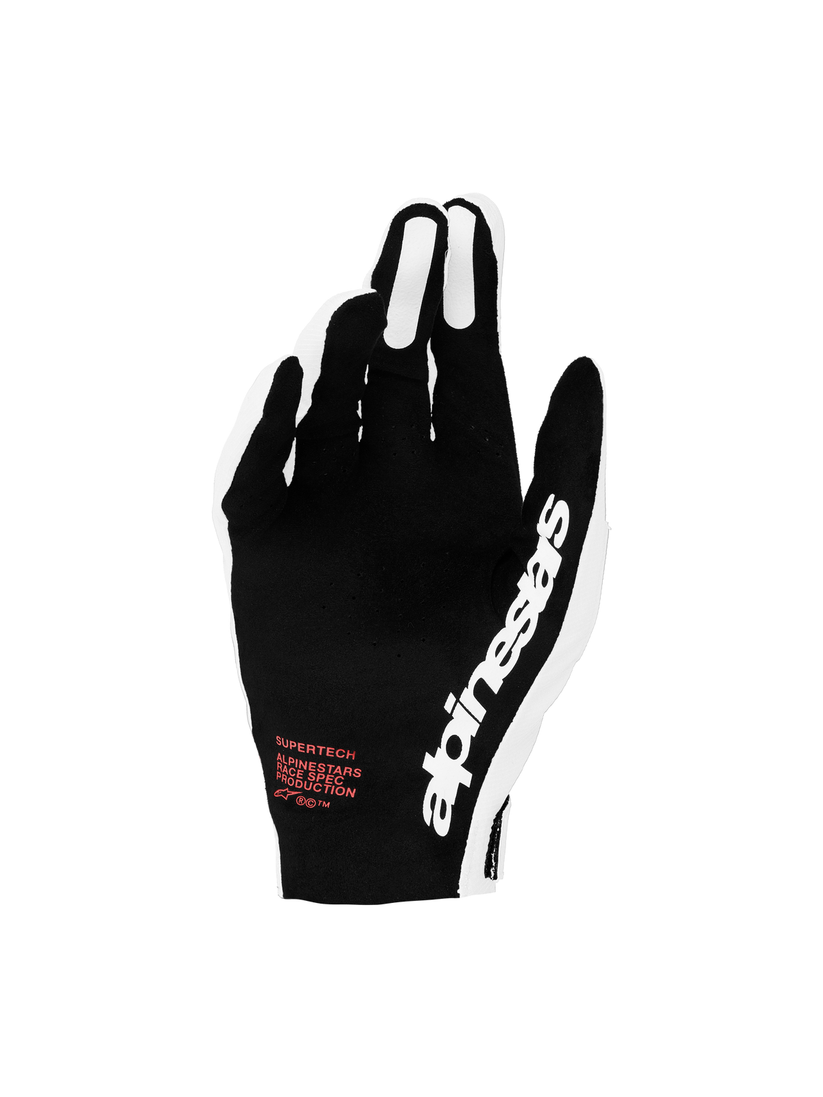 Alpinestars Supertech MX 2027 handskar, svarta och vita motocrosshandskar med röda detaljer och perforerad ovansida.