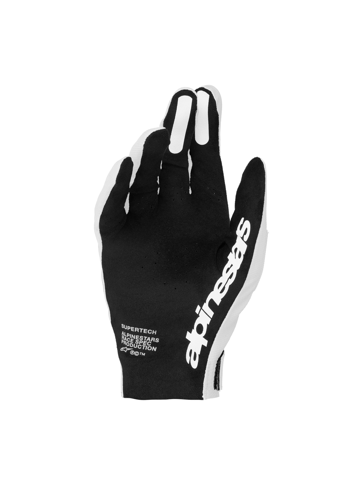 Alpinestars Supertech MX Handskar 2027, motocrosshandskar, svarta och vita, perforerad handflata för exakt racingkontroll.