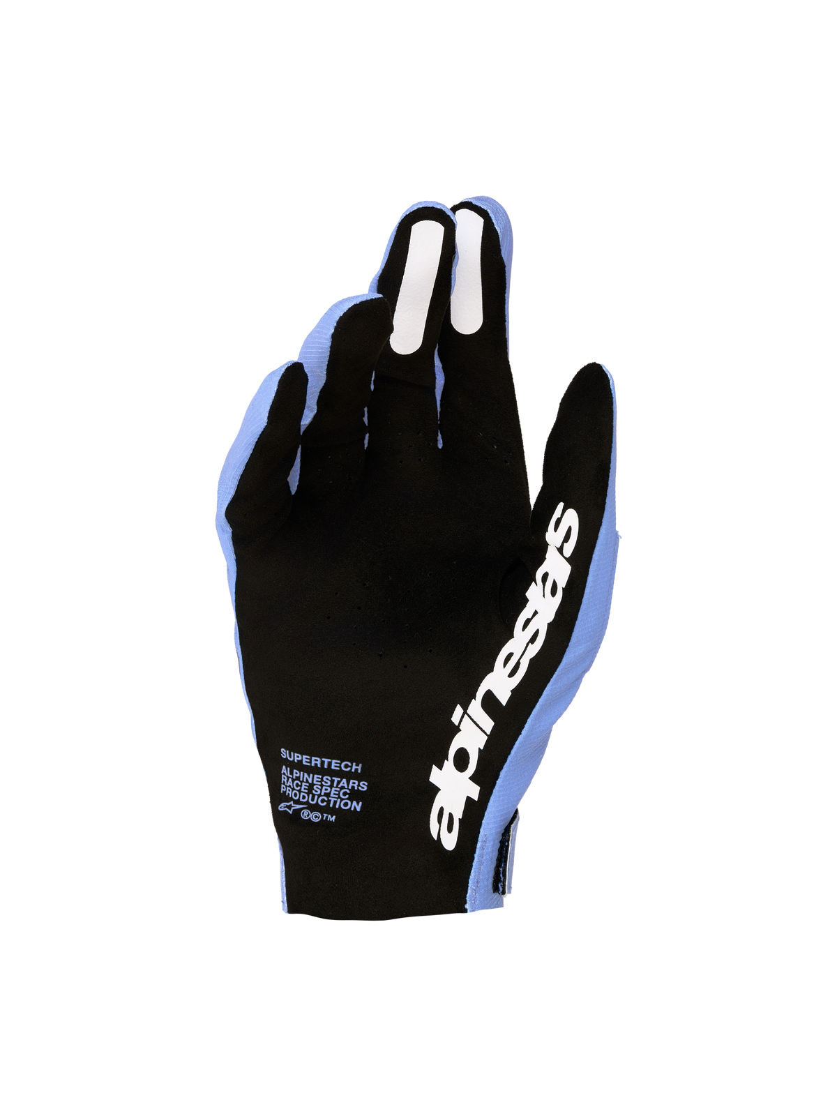Alpinestars Supertech MX 2027 handskar, MC-handskar för motocross, ljuslila och svarta, perforerad handflata med silikongrepp på fingrarna, sömlös design för proffsnivå.