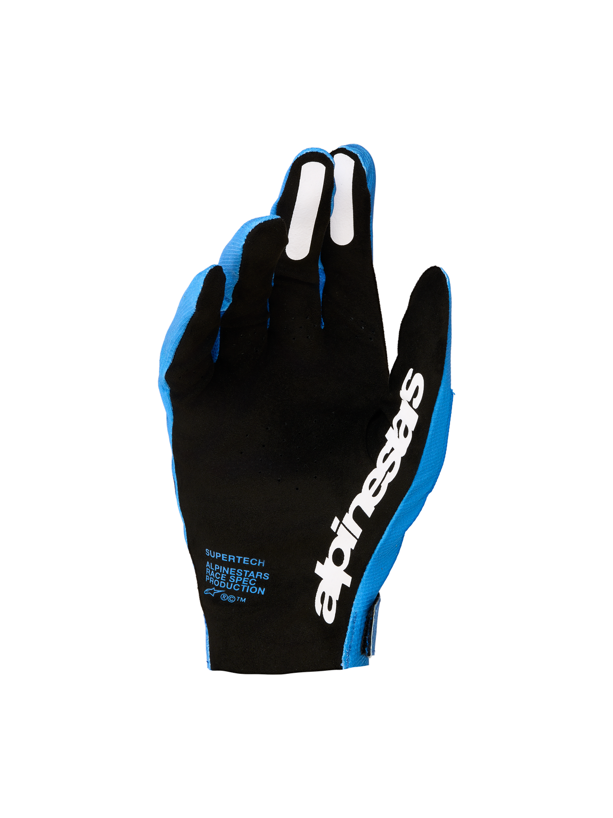 Alpinestars Supertech MX 2027 handskar, blåa och svarta motocrosshandskar för herr med perforerad handflata, vita silikongrepp och logotyp