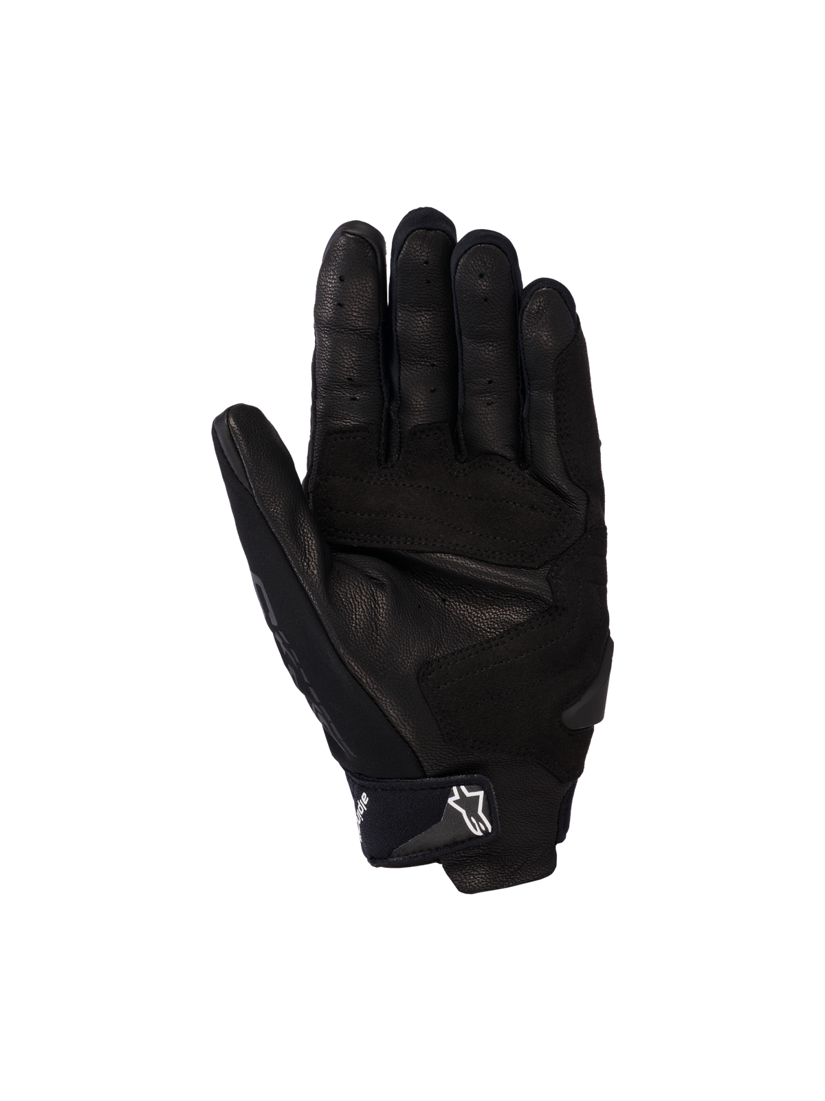 Alpinestars SP X 5 Air Gloves, Motorcycle Gloves, Black, palm view featuring perforated leather, reinforced palm sliders, and adjustable wrist strap with white star logo, sporty protective gear