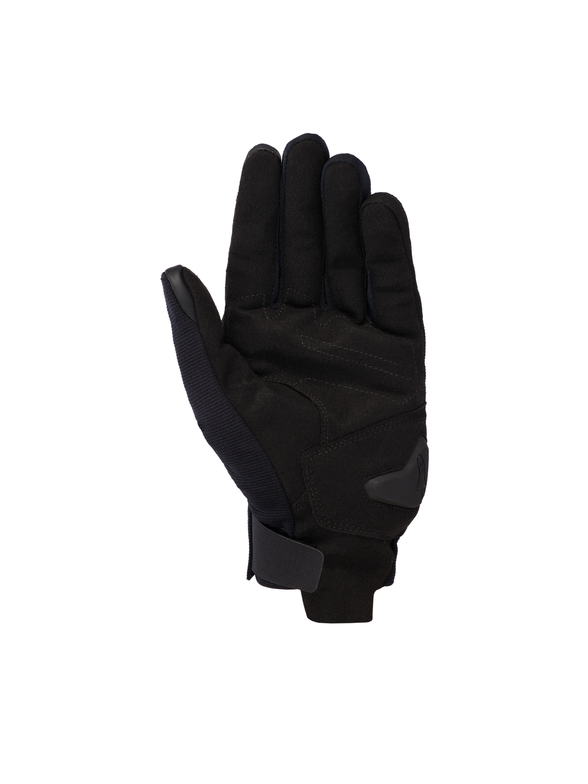 Alpinestars Reef V2 Handskar, svarta, korta motorcykelhandskar, vy av handflatan som visar syntetmocka, förstärkt vaddering i handflatan och kardborrestängning vid handleden, modern urban design för landsvägskörning