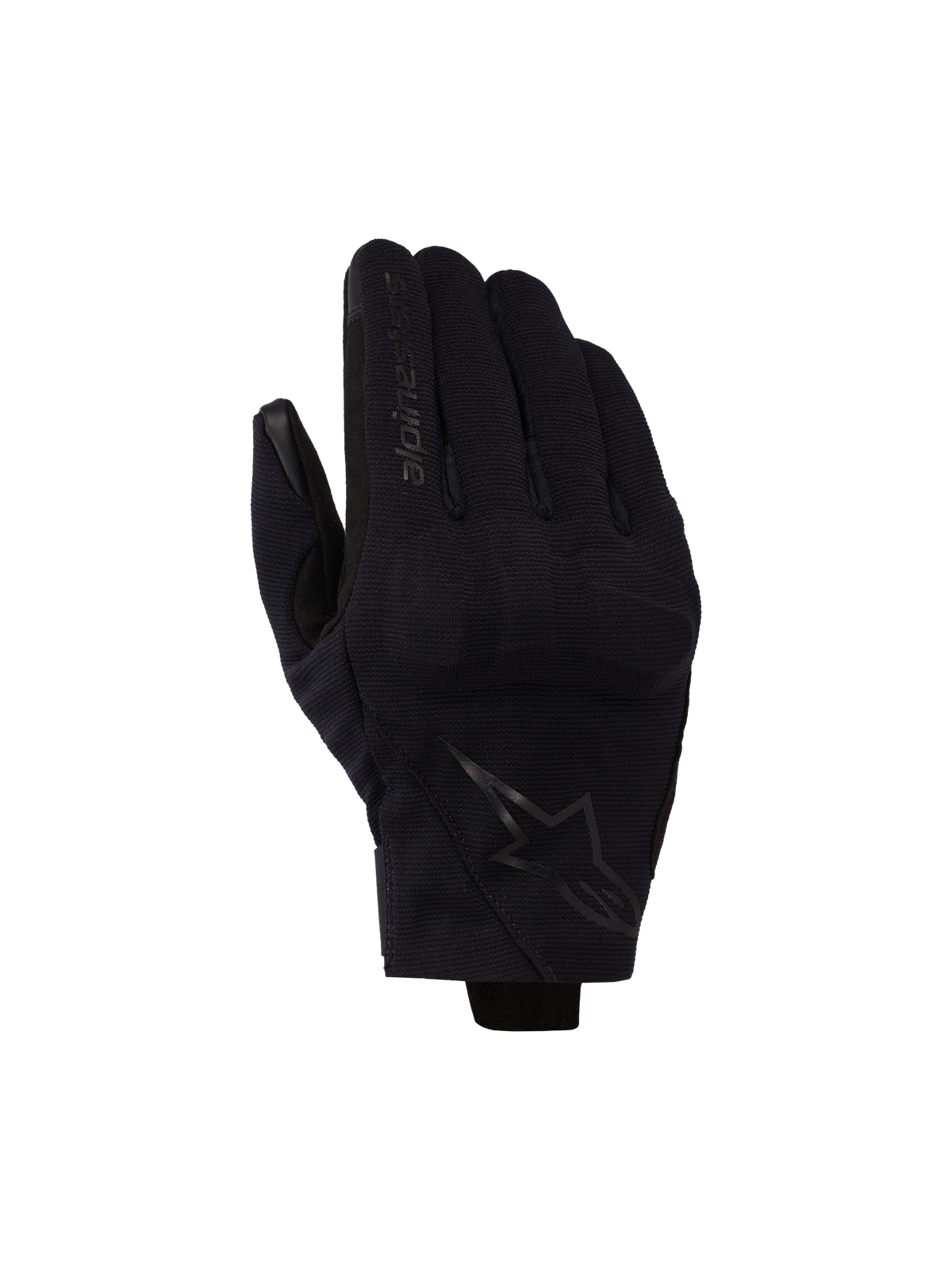 Alpinestars Reef V2 handskar, svarta motorcykelhandskar med kort krage och texturerat stretchmaterial, ergonomisk design med varumärkeslogotyp på pekfingret och stjärnemblem på handryggen
