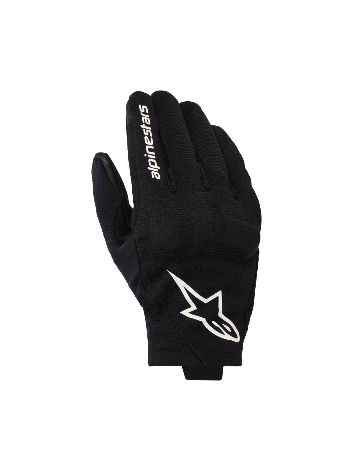 Alpinestars Reef V2 handskar, svarta och vita motorcykelhandskar, ovansida i texturerat stretchmaterial med en framträdande vit stjärnlogotyp och märkesnamn på pekfingret, urban design med kort manschett