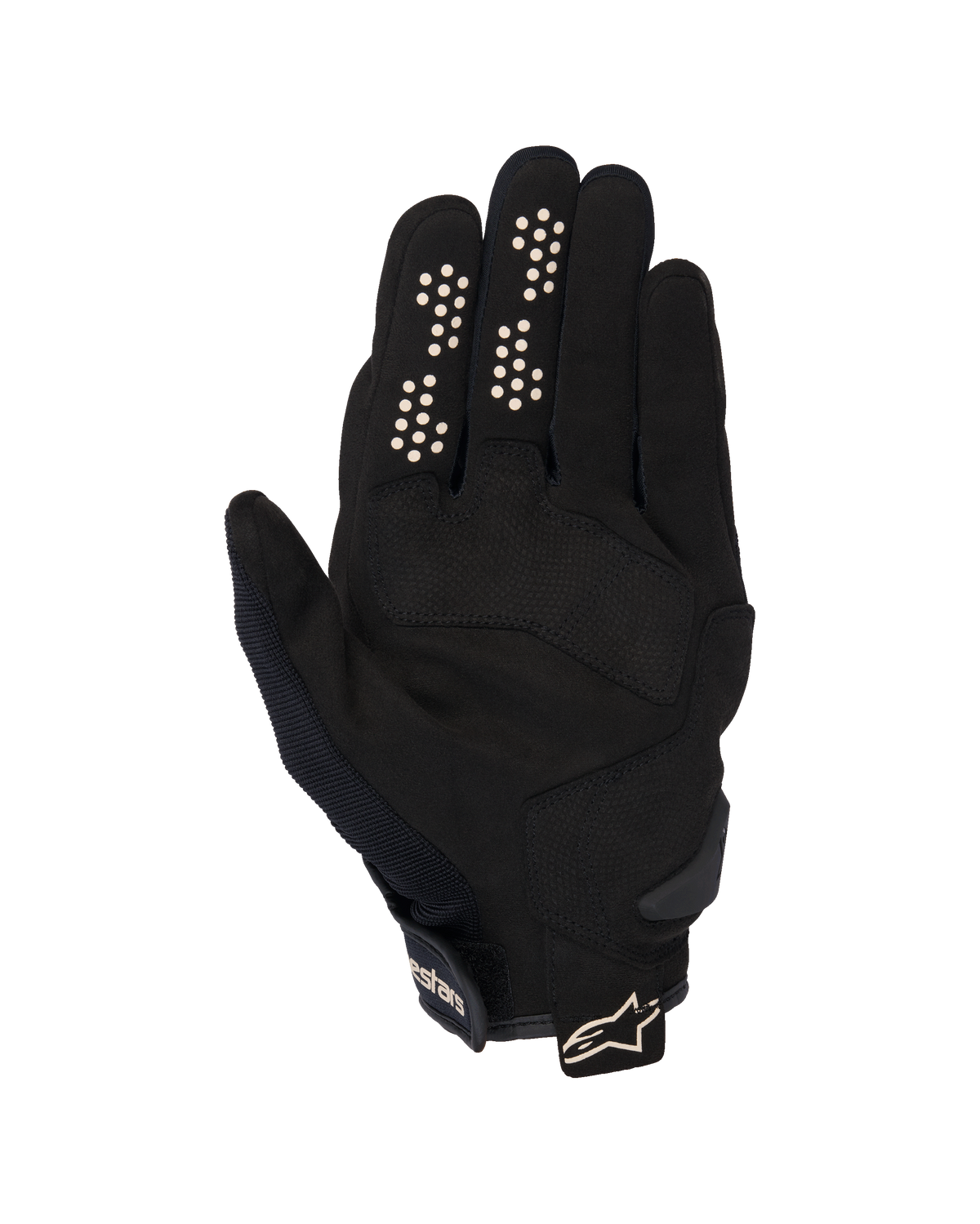 Alpinestars Chrome V2-handskar, urbana motorcykelhandskar, svart och mandel, vy från handflatan med handflata i syntetisk mocka, silikongrepp-prickar på pek- och långfingret, kort manschett med justerbar rem och logotyp.