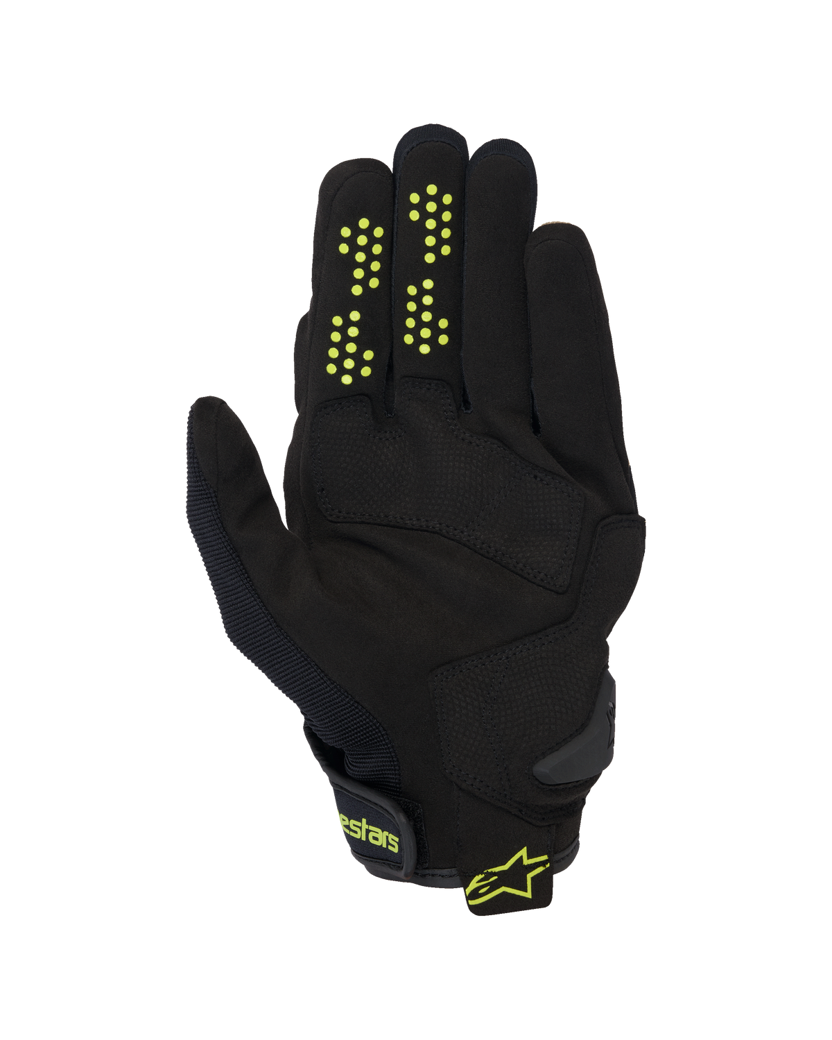 Alpinestars Chrome V2-handskar, motorcykelhandskar med kort manschett, svarta med neongula detaljer, vy av handflatan som visar konstruktion i syntetmocka, silikonpunkter för grepp på fingrarna och kardborrestängning vid handleden med Alpinestars-logotyp.