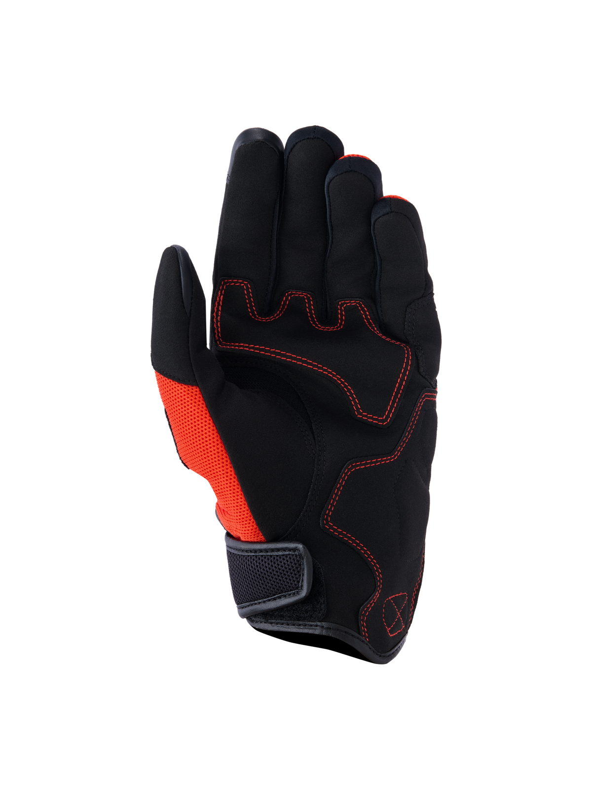 Alpinestars Ignite-handskar, vy av handflata, svart och röd tangerine, handflata i syntetmocka med röda kontrastsömmar, sidopanel i mesh, kort manschett med kardborreband, MC-utrustning för stadspendling