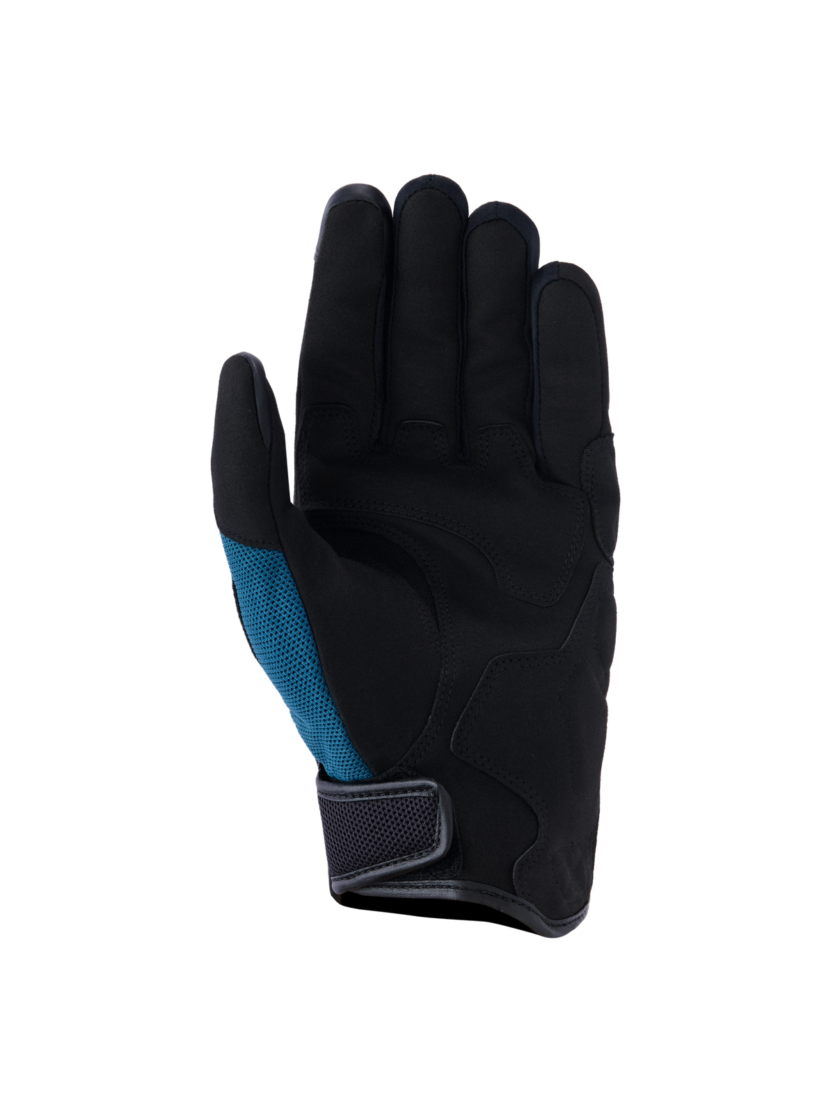 Alpinestars Ignite-handskar, urbana motorcykelhandskar, indigoblå och svarta, vy av handflatan med syntetisk mocka med strategisk vaddering, blågrön mesh-sidopanel och kort manschettdesign med kardborrestängning